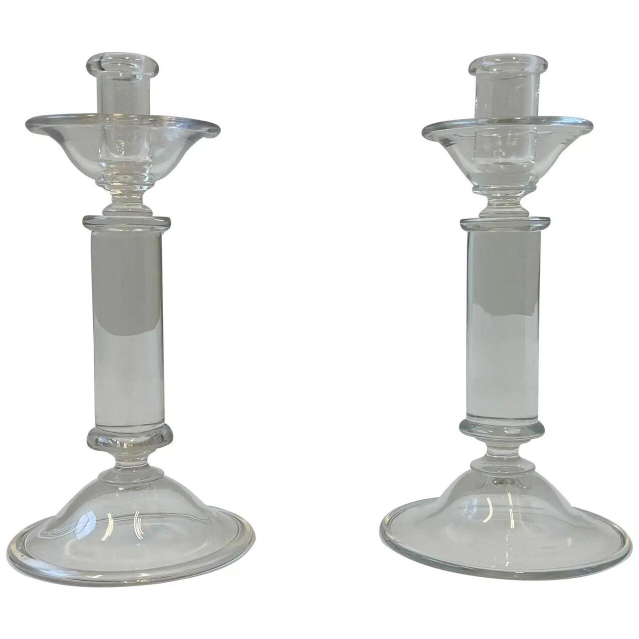 Pair of Clear Murano Glass Candle Holders by Archimede Seguso