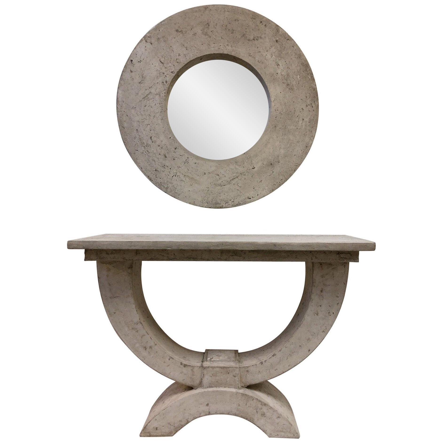 Faux Stone Console Table and Mirror by Michael Taylor