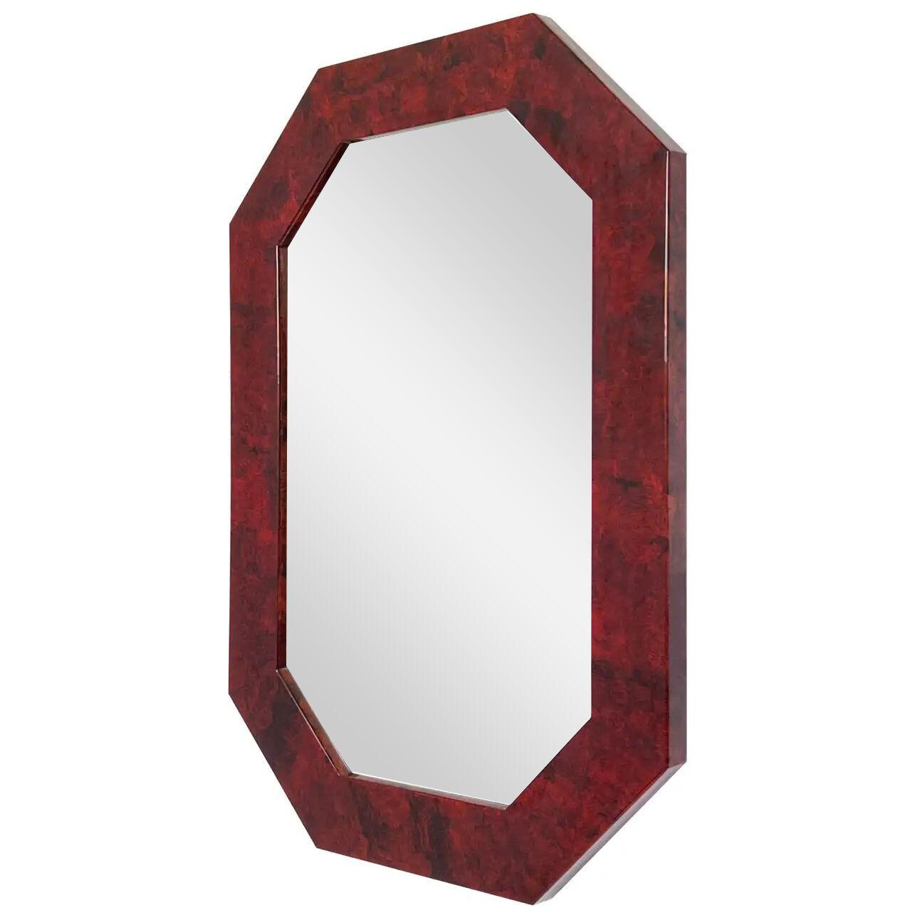 Octagonal Shape Red Lacquered Burl Wood Wall Mirror