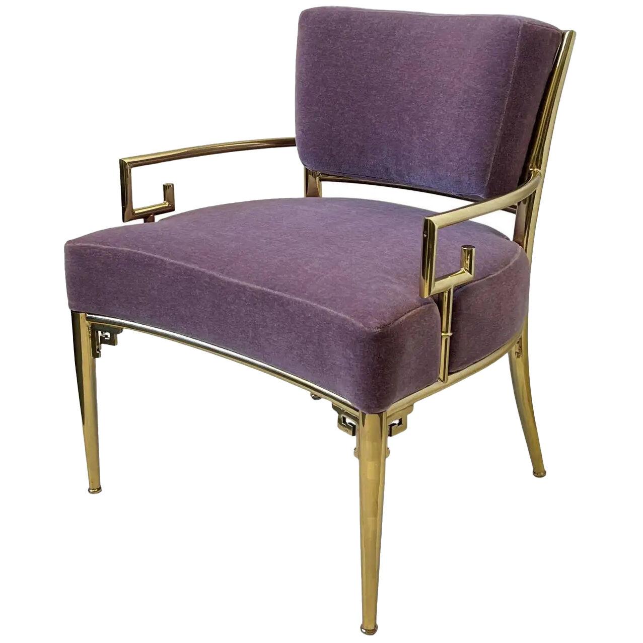 Brass and Purple Mohair Greek Key Lounge Chair by Mastercraft