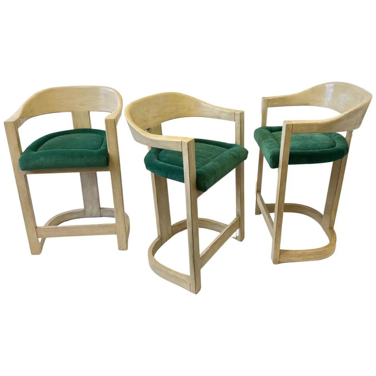 Set of Three Lacquered and Emerald Green Mohair Barstools by Karl Springer