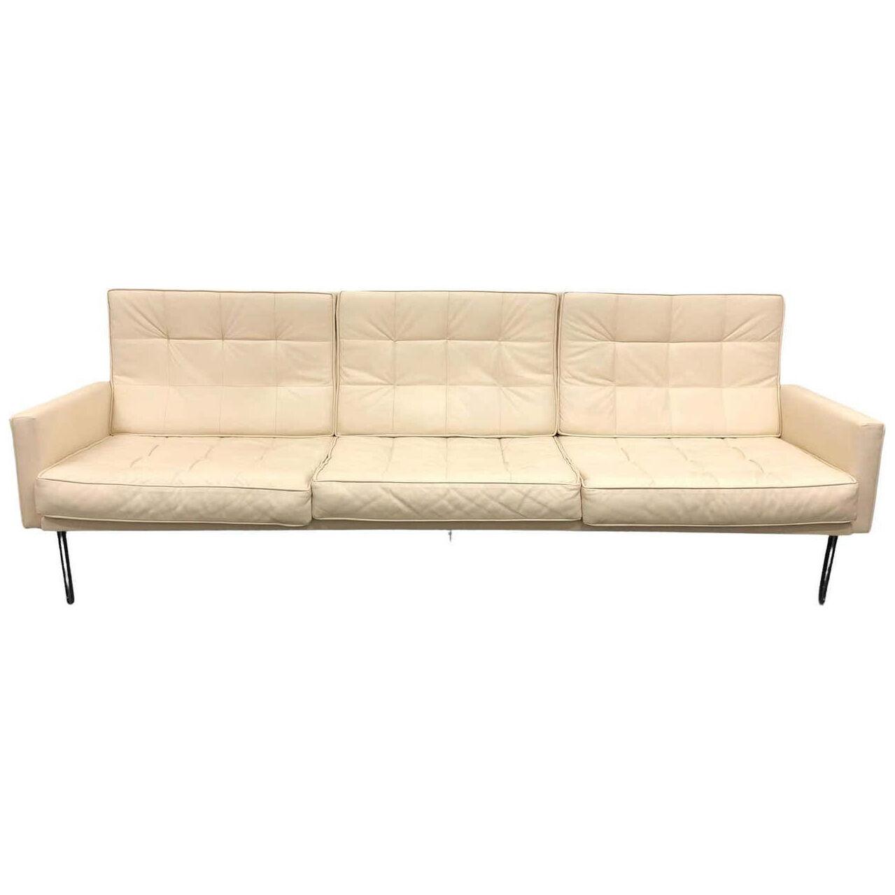 Off White Leather and Stainless Steel Parallel Bar Sofa by Florence Knoll