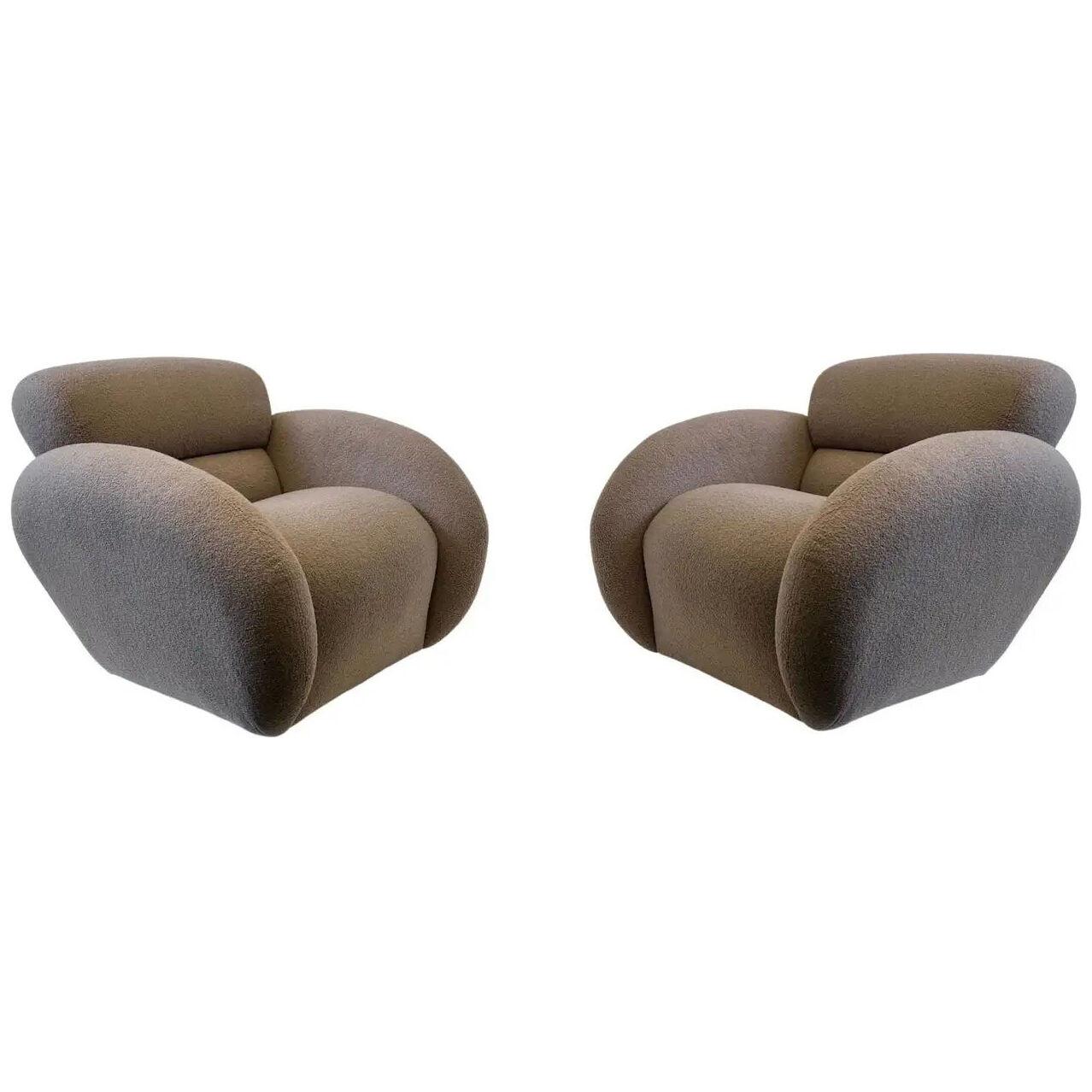 Pair of Bouclé Swivel Sculptural Lounge Chairs by Directional