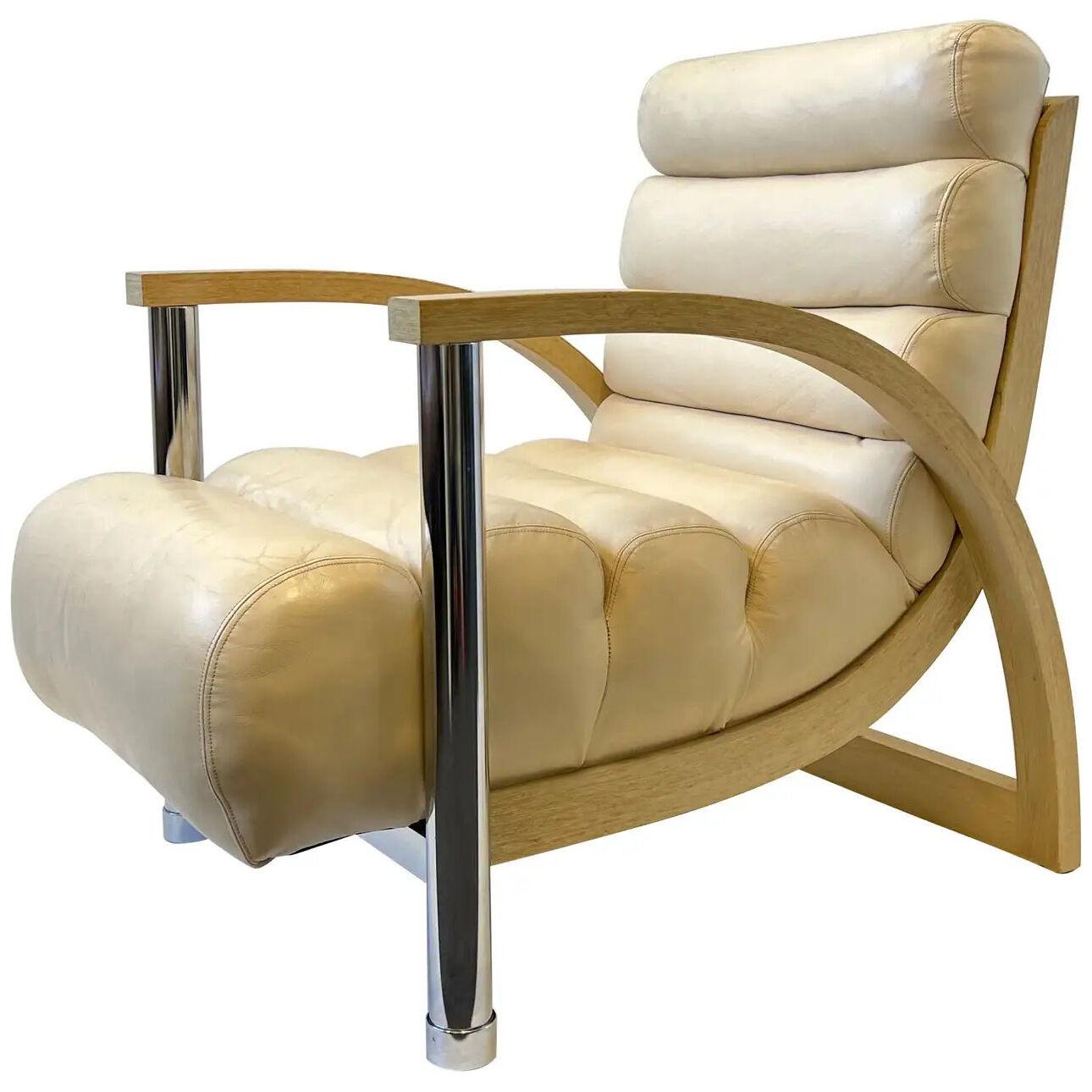 off White Leather and Chrome Lounge Chair by Jay Spectre