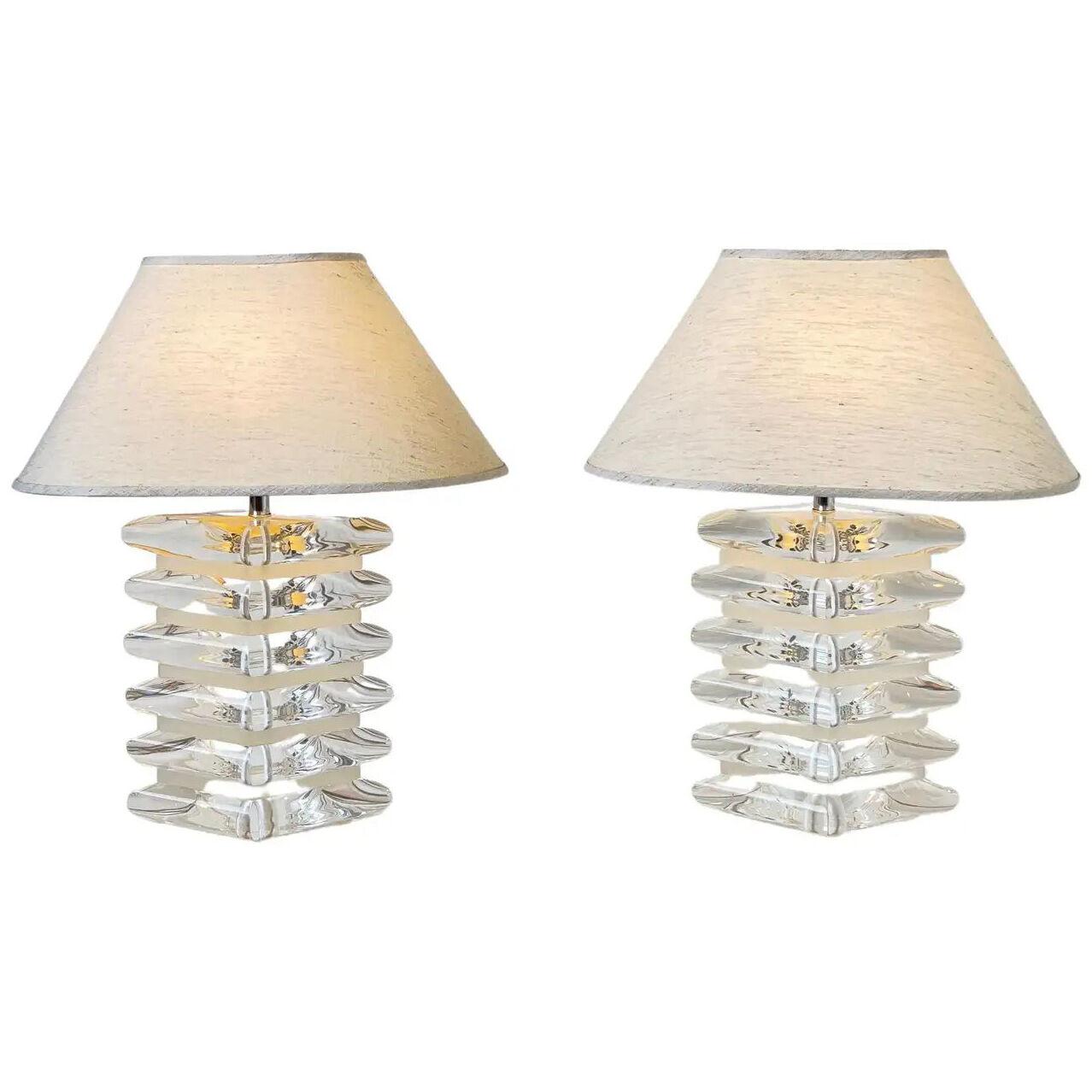Pair of Diamond Shape Lucite and Chrome Table Lamps