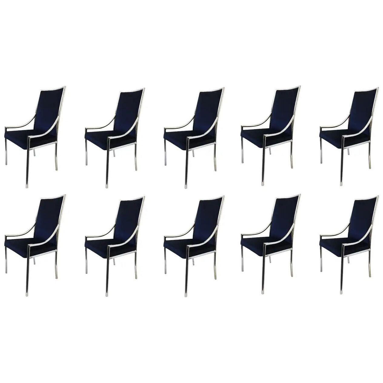 Set of Ten Chrome and Royal Blue Velvet Dining Chair Attributed to Pierre Cardin