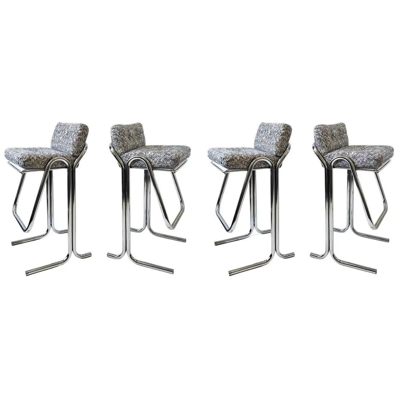 Set of Four Chrome and Fabric Barstool by Jerry Johnson