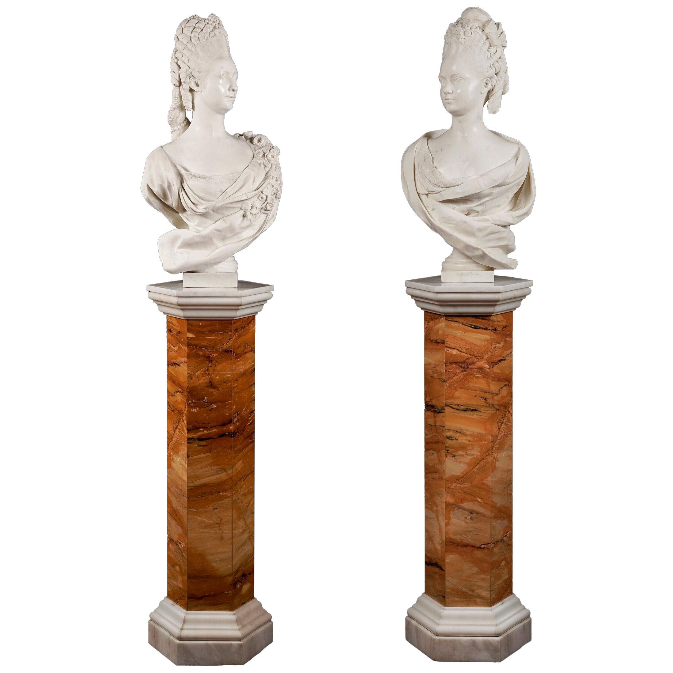 Pair of Carved Marble Royal Busts on Pedestals