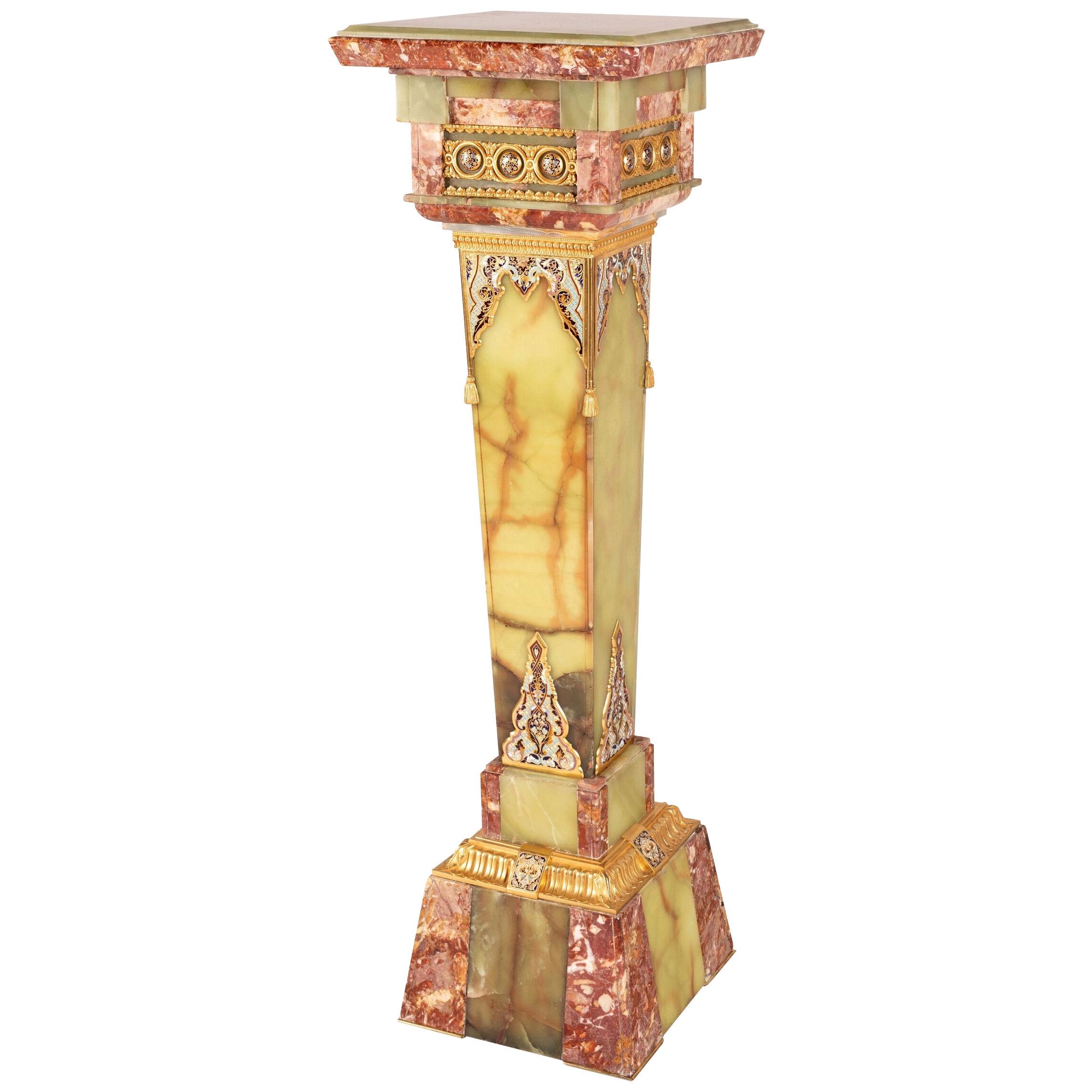 A Champlevé Enamel Onyx & Marble Pedestal