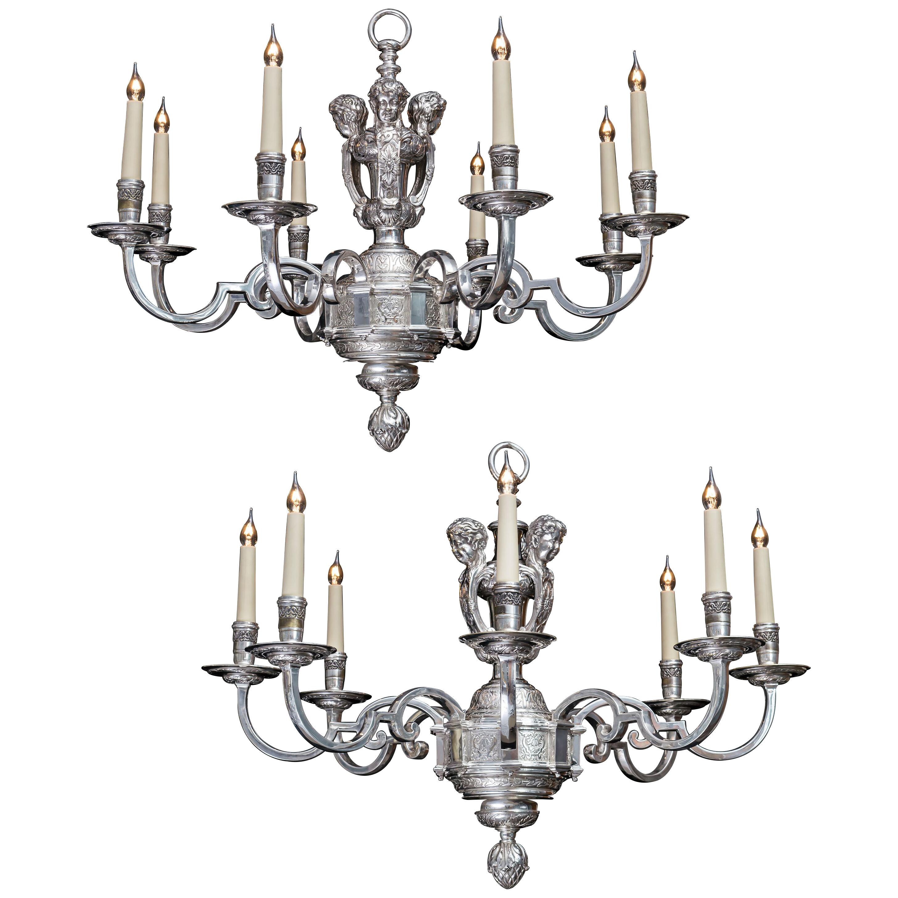 19th Century Pair of Silvered Eight-Light Chandeliers in the Louis XIV Style