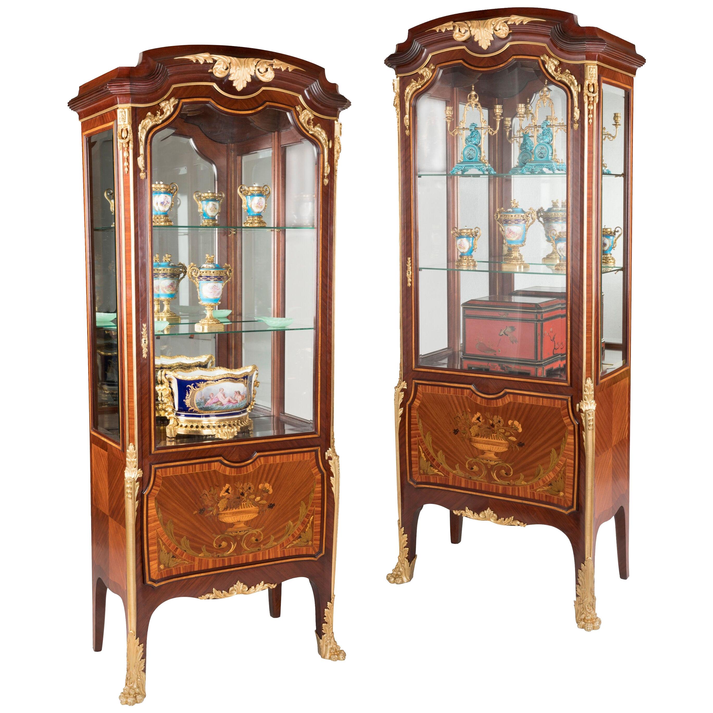 Pair of French Marquetry Display Cabinets
