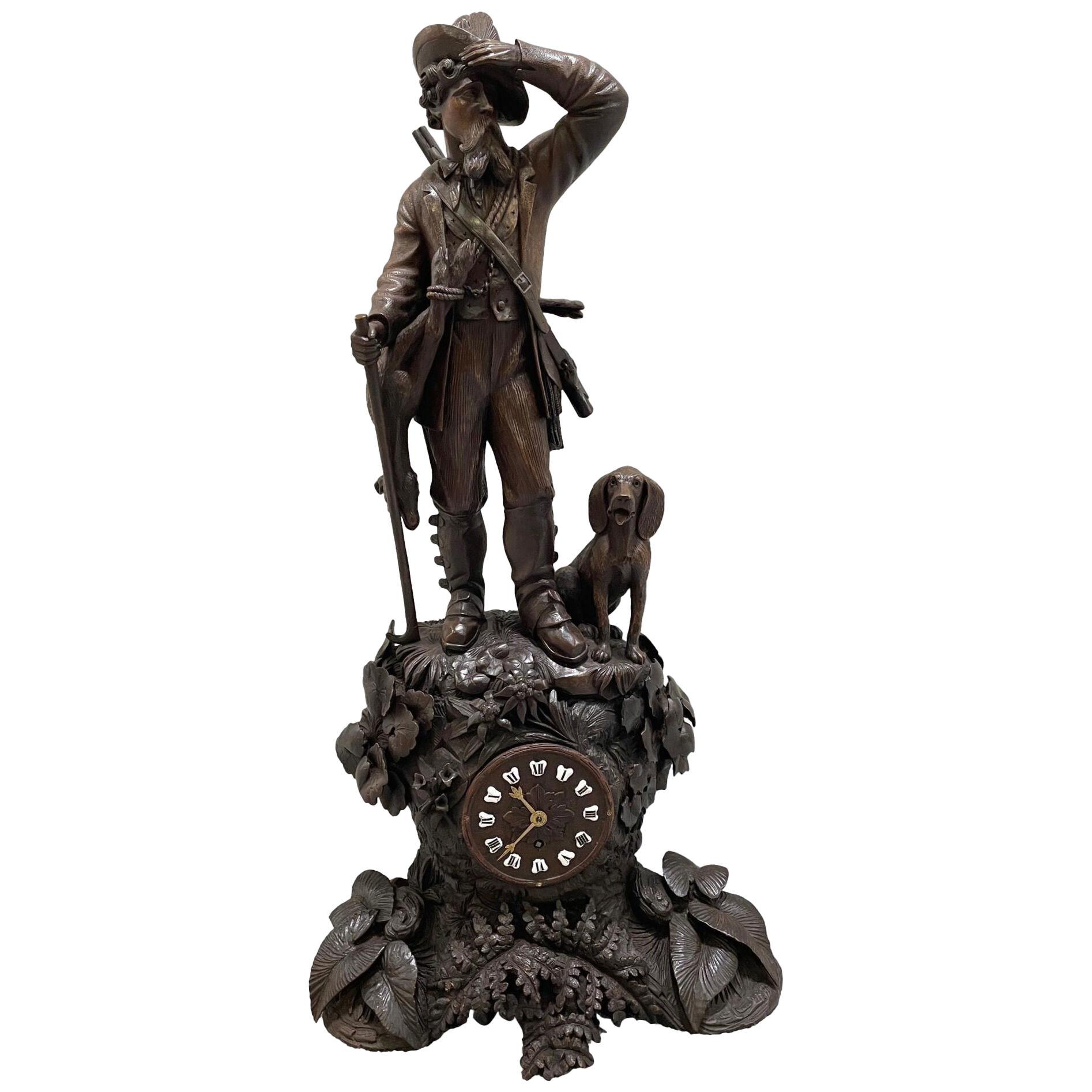 19th Century 'Black Forest' Carved Clock with Hunter and Hound