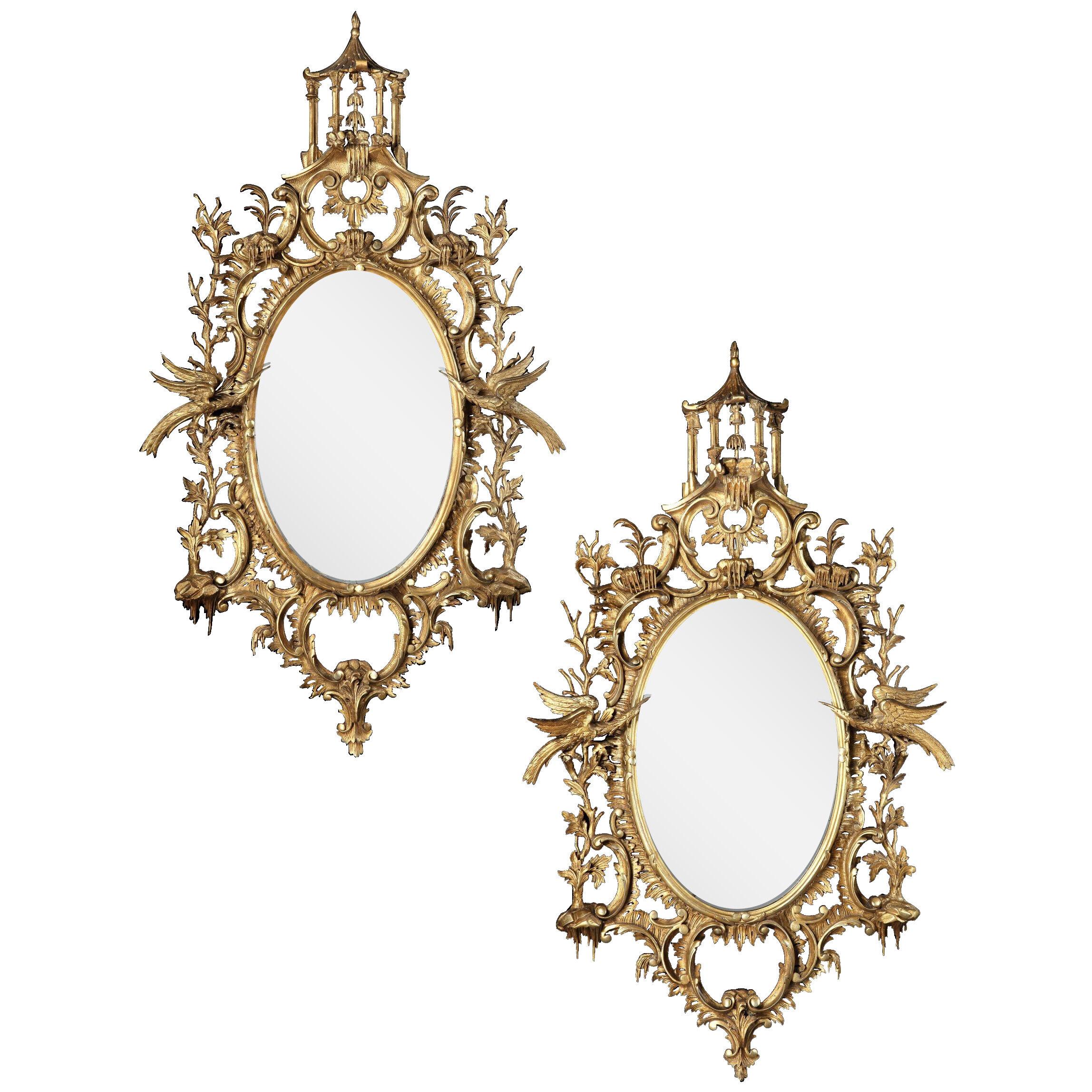 Pair of Large Giltwood Mirrors in the Chinese Chippendale Style