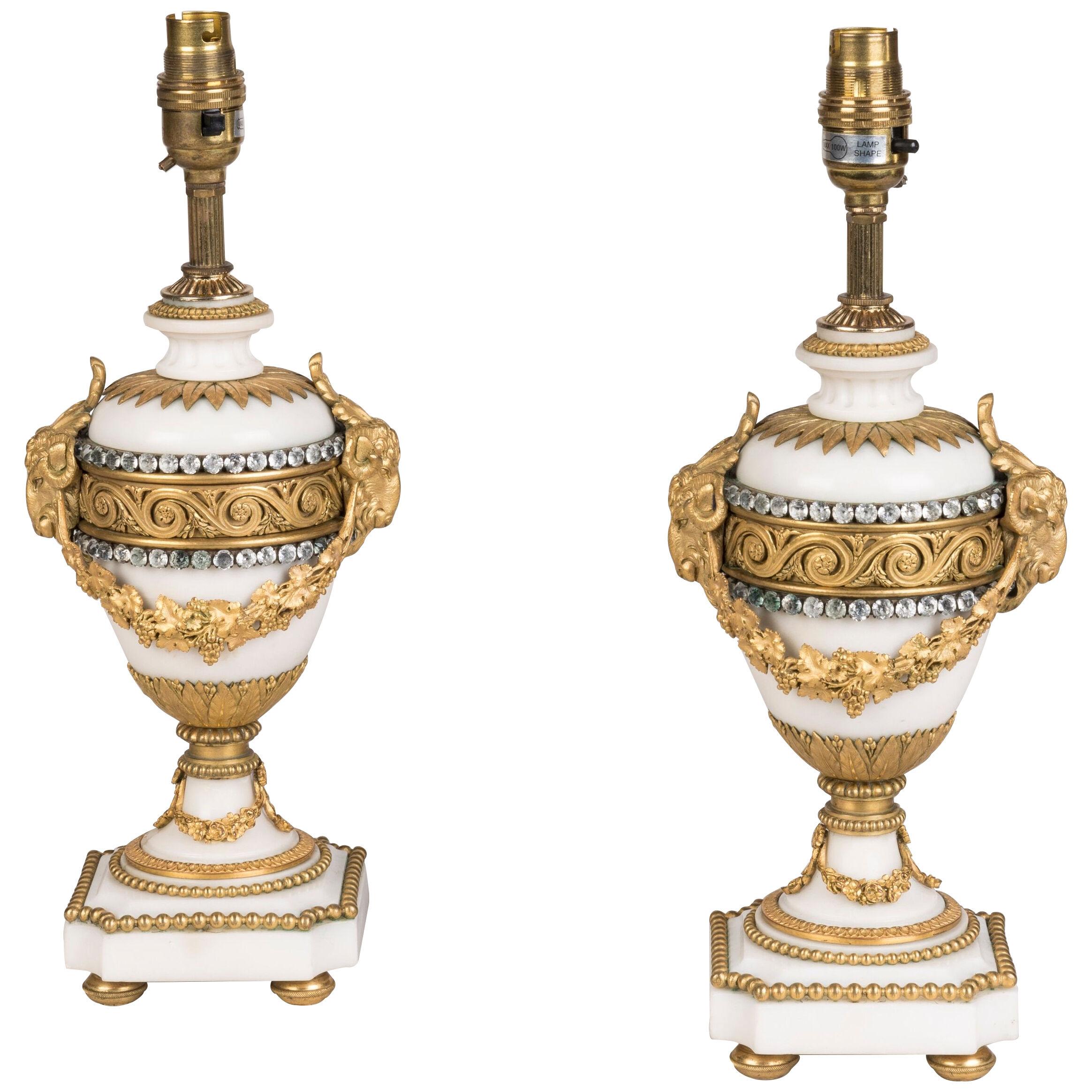 Pair of Jewelled White Marble and Gilt Bronze Mounted Table Lamps