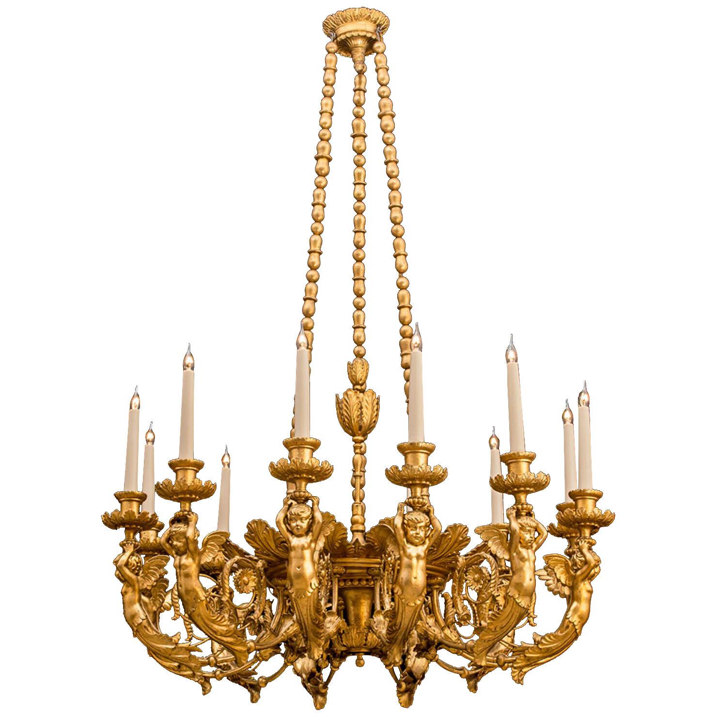 Rare 19th Century Italian Carved and Gilded 12-Light Chandelier