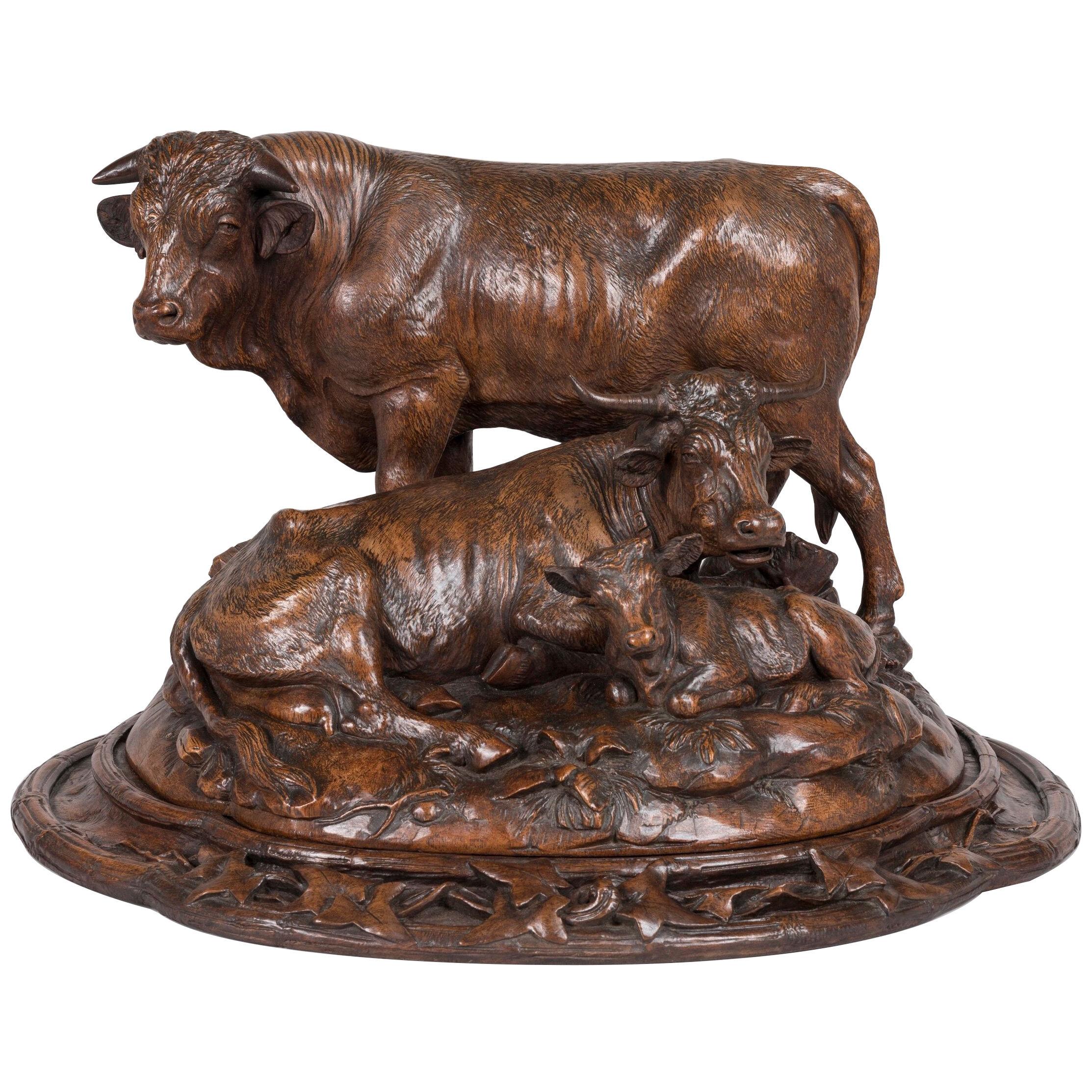 A 19th Century Swiss Black Forest Carved Cattle Group