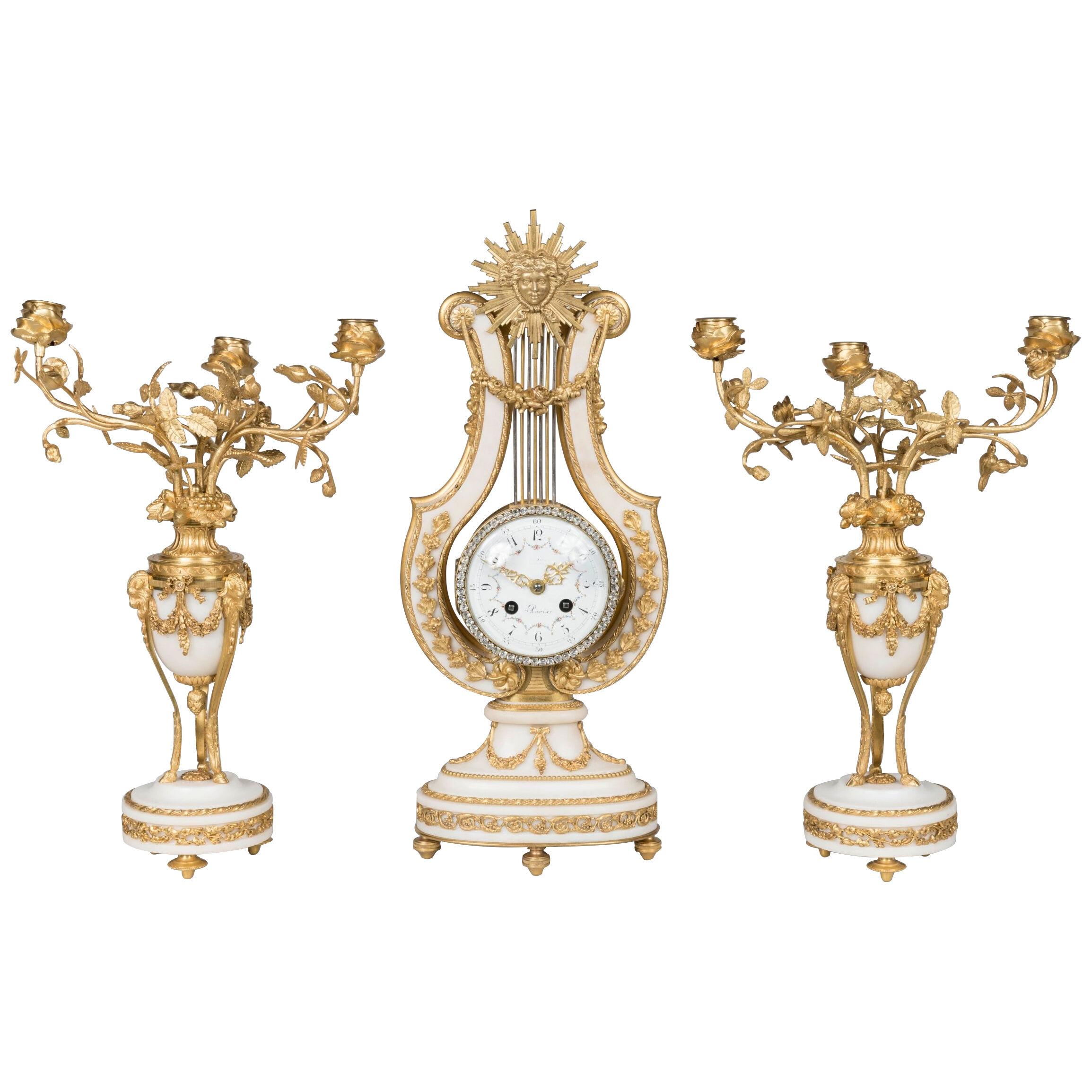Ormolu-Mounted White Marble Clock Garniture