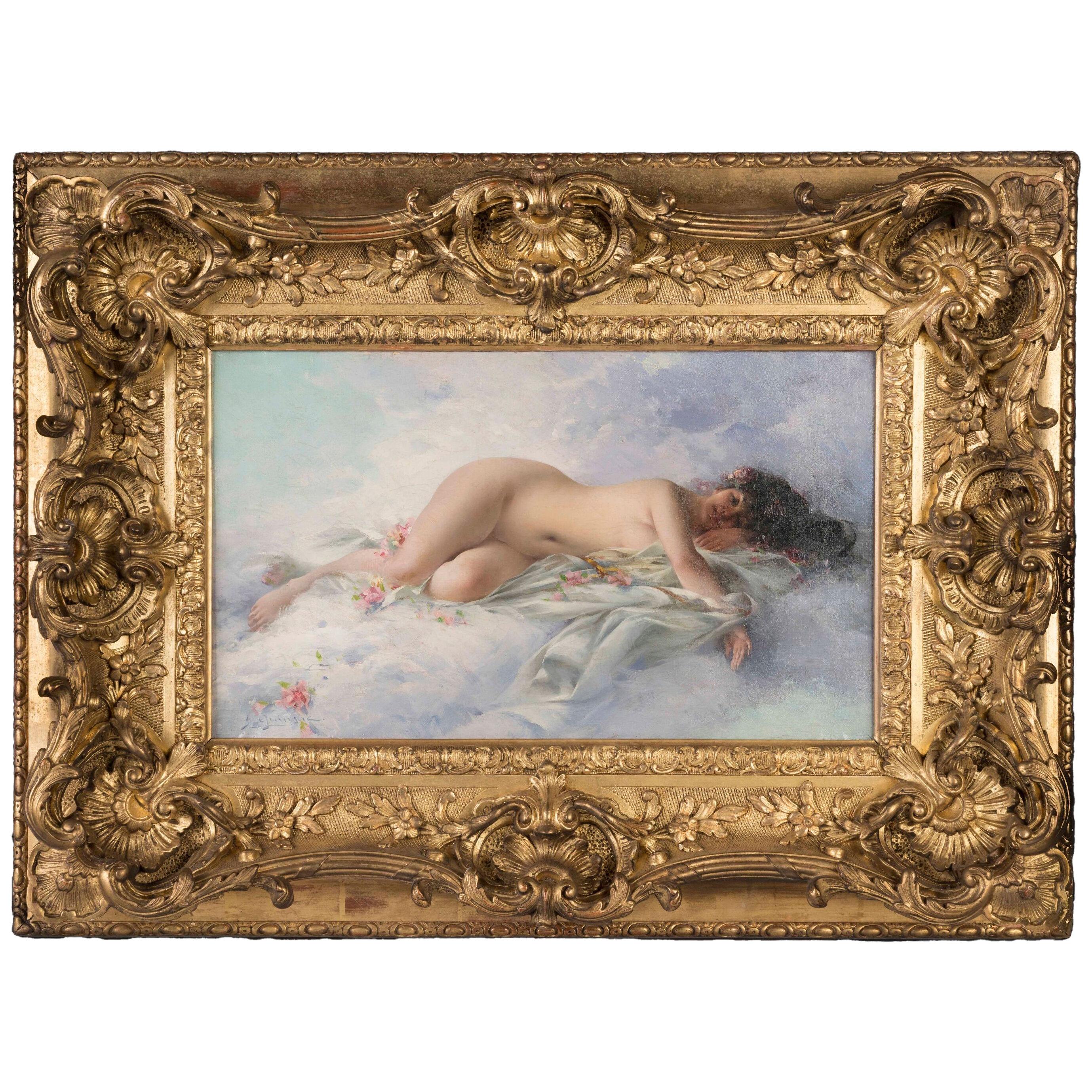 Oil on Canvas Painting of a Reclining Nude in Gilded Frame