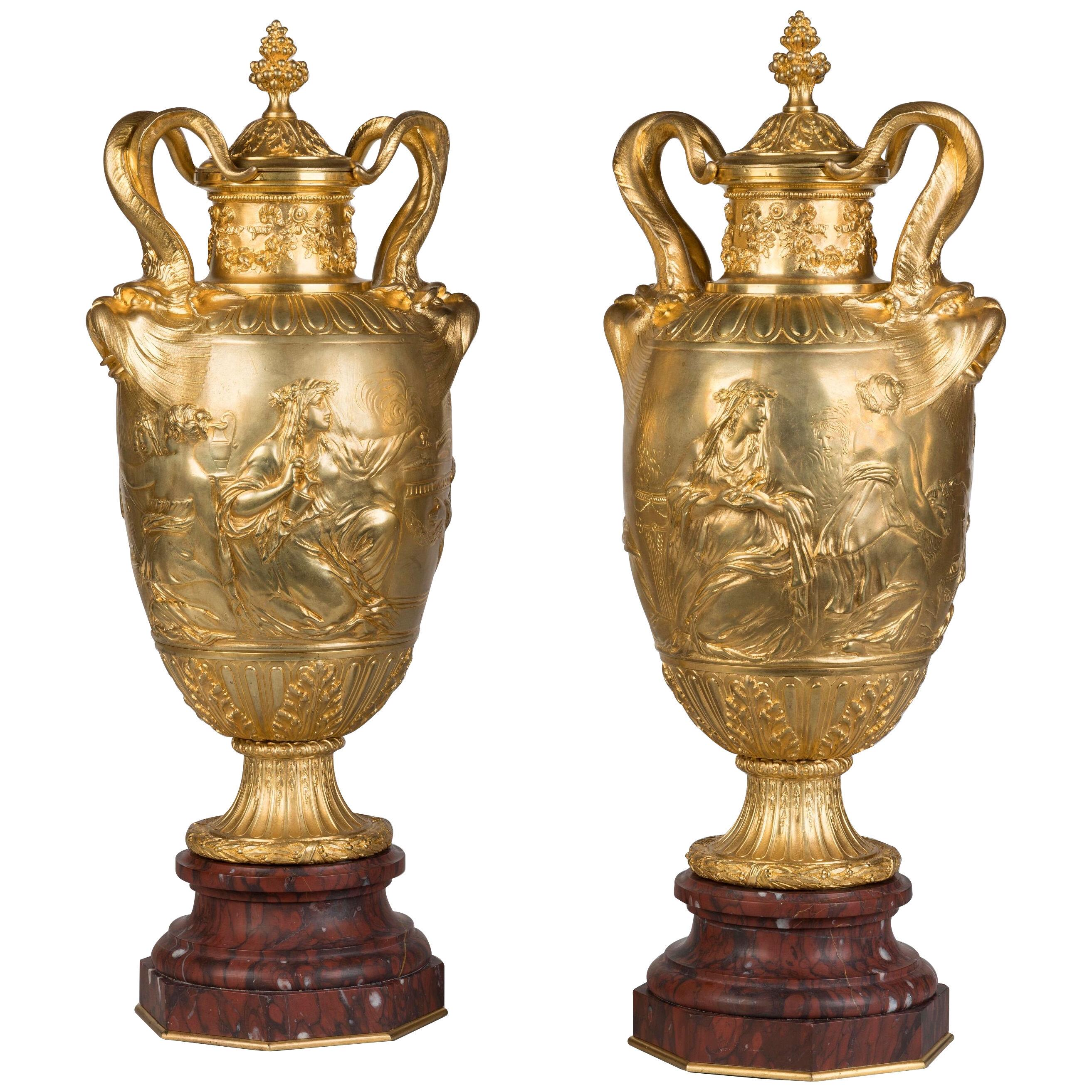 A Pair of Gilded Bronze Vases Depicting the 'Sacrifice to Venus'