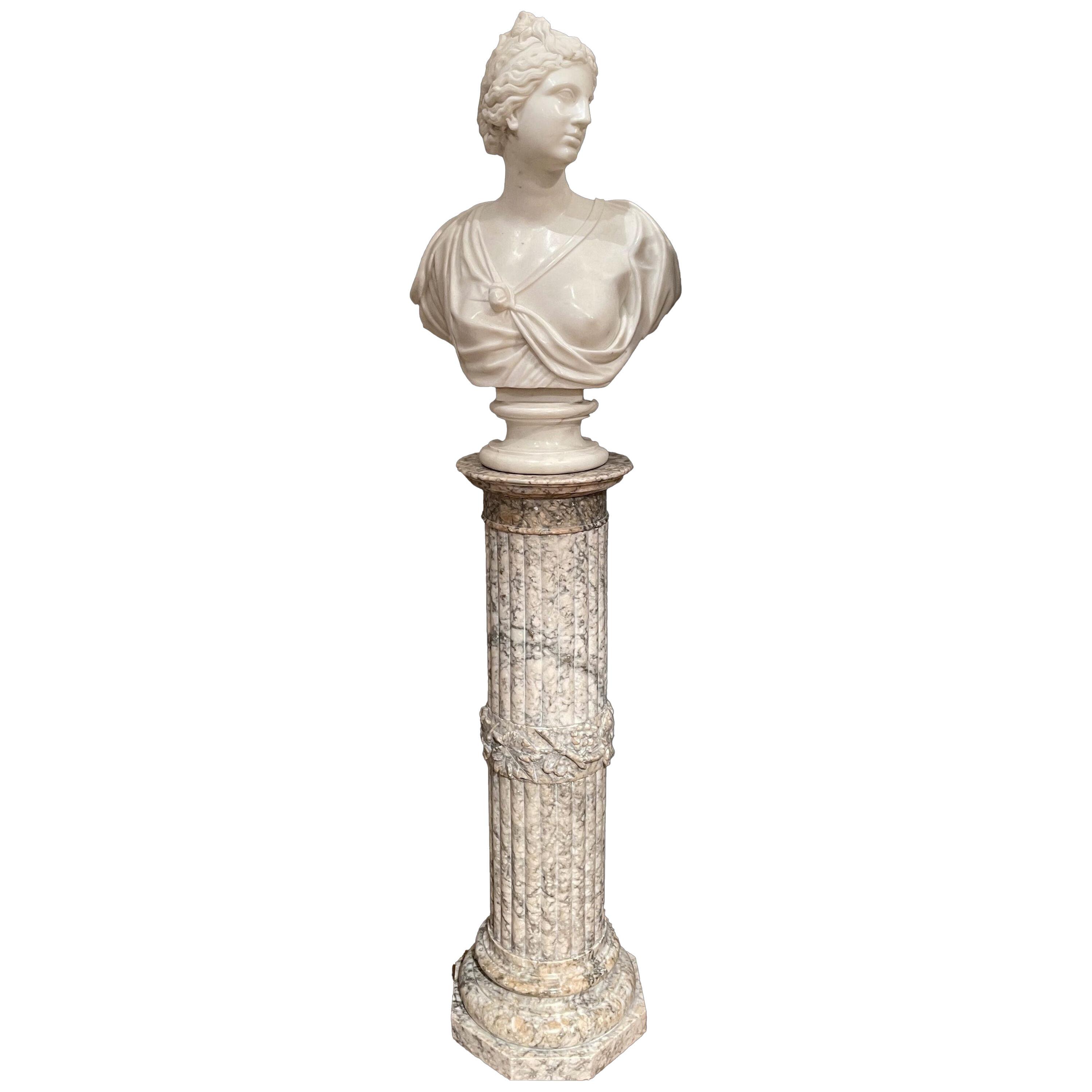 Antique Classical Marble Bust of Venus on a Pedestal