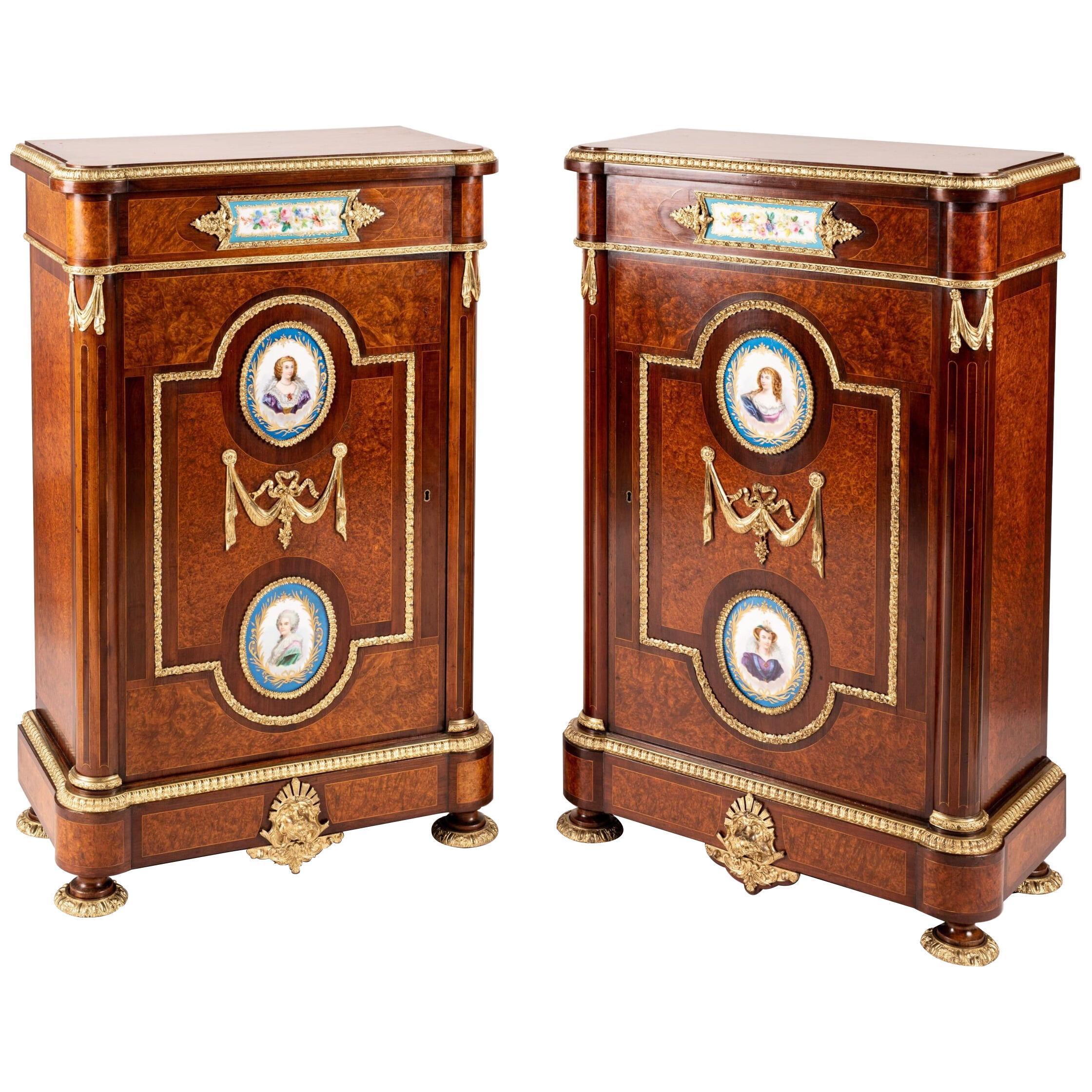 A Pair of 19th Century Porcelain-Mounted Pier Cabinets