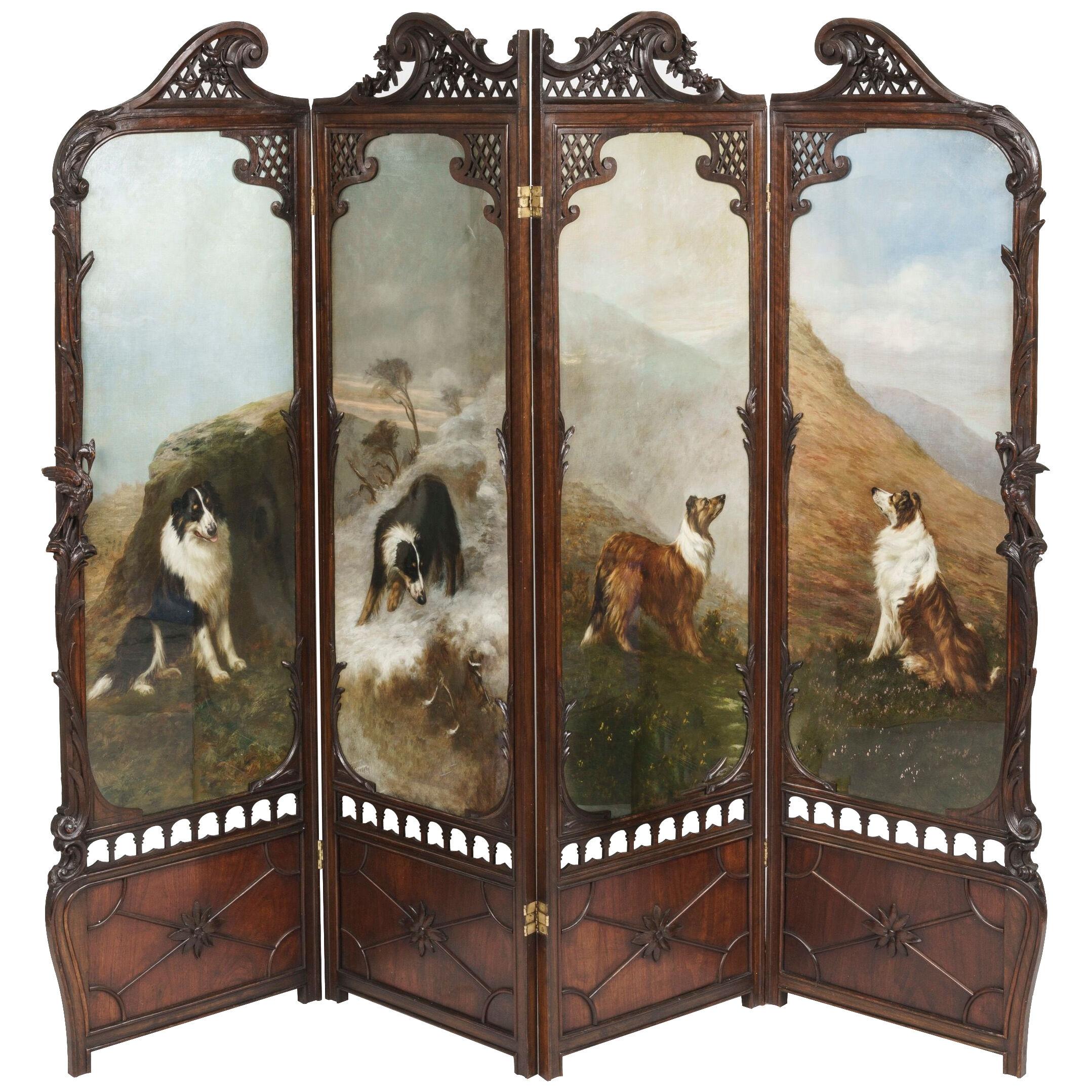 Antique Four-Fold Screen with Landscape Paintings with Dogs