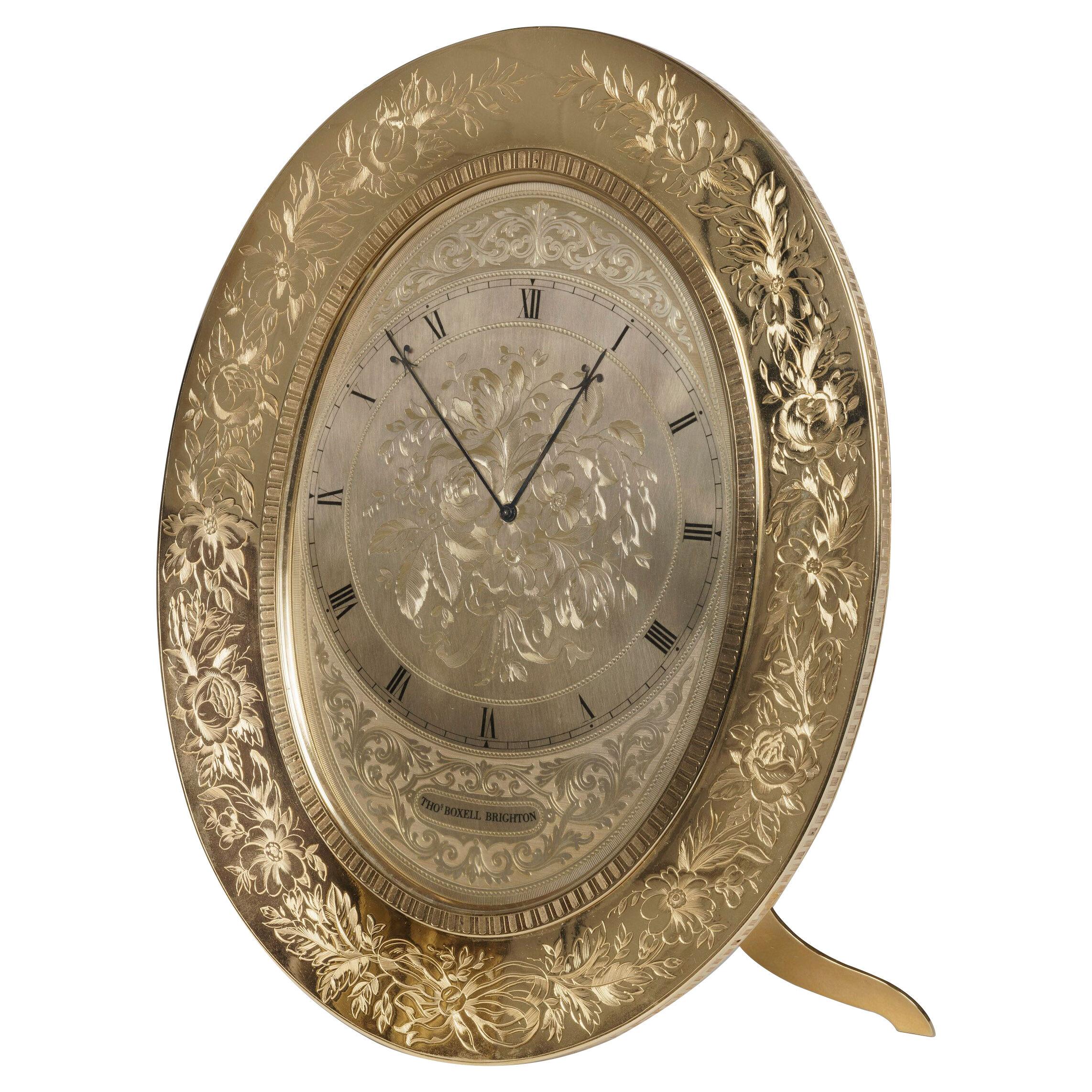 Large Gilt Brass Engraved Oval Table Clock