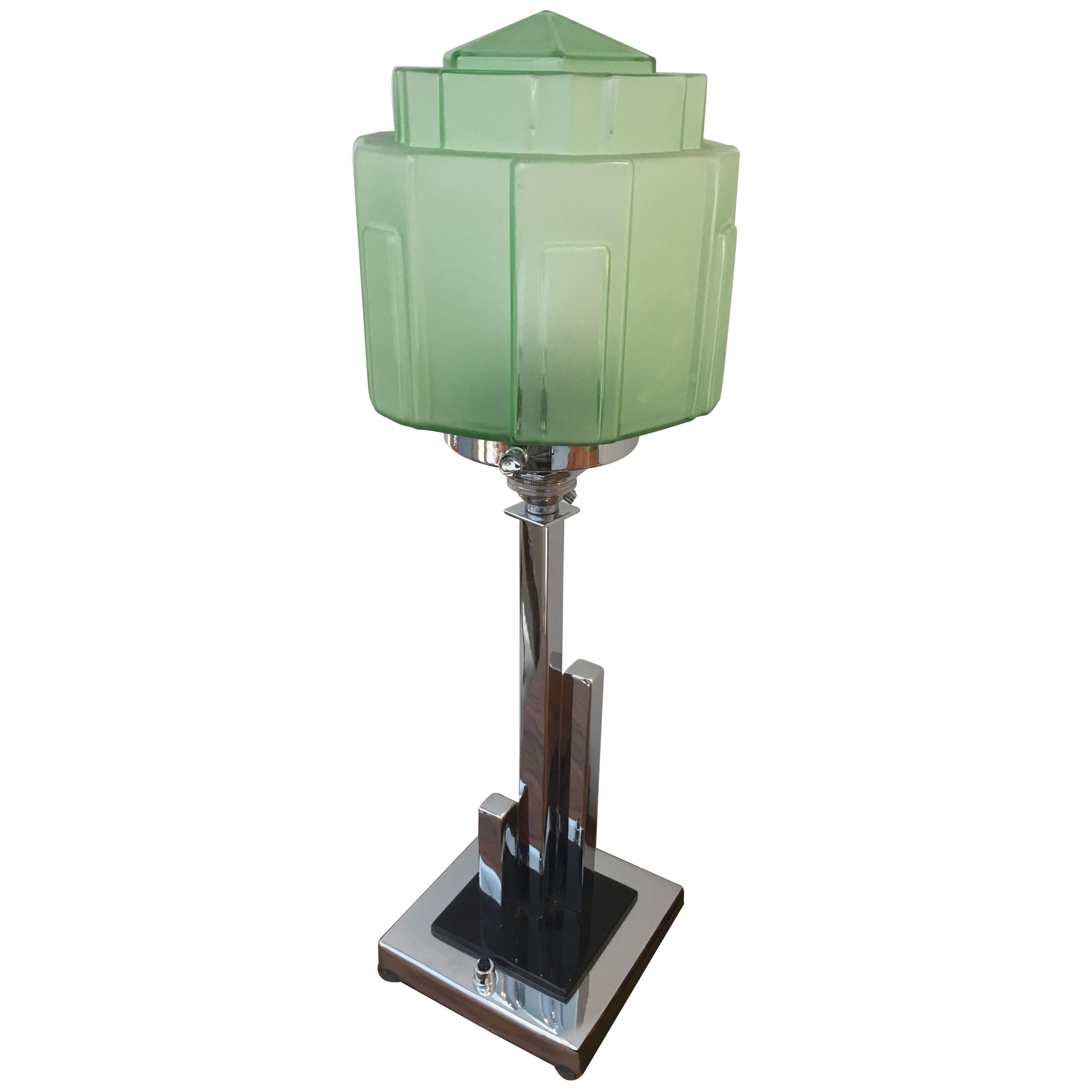 Art Deco Table Lamp green shade with triple chrome column