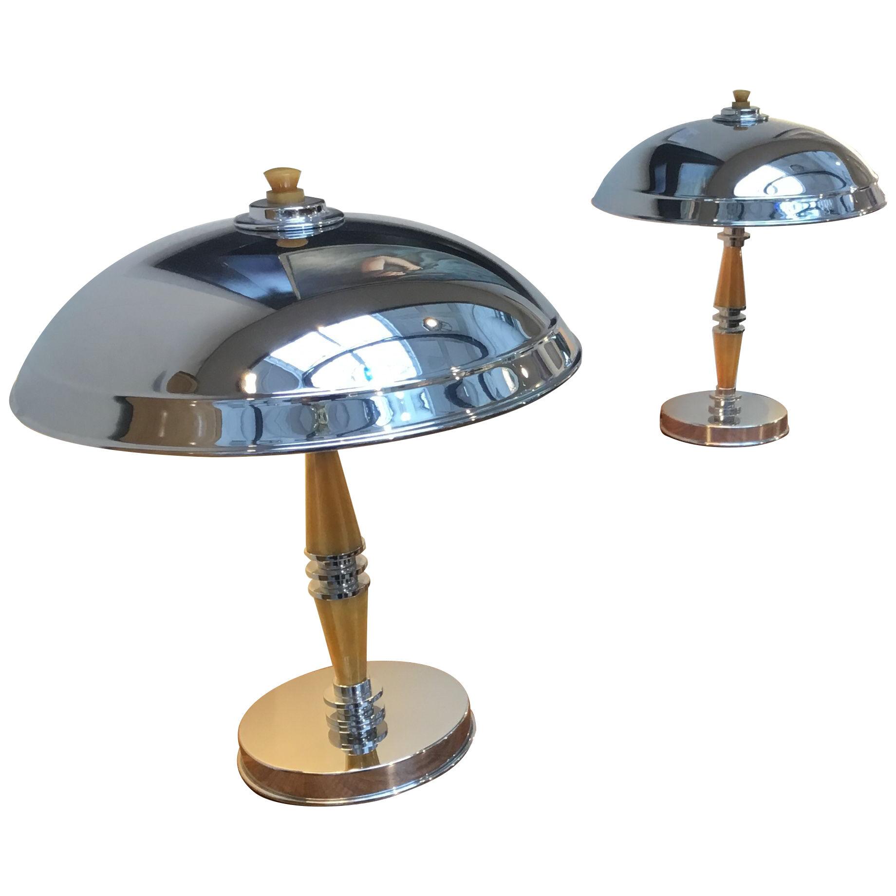 Pair of Dome Art Deco table lamps with honey fluted columns and chrome base 