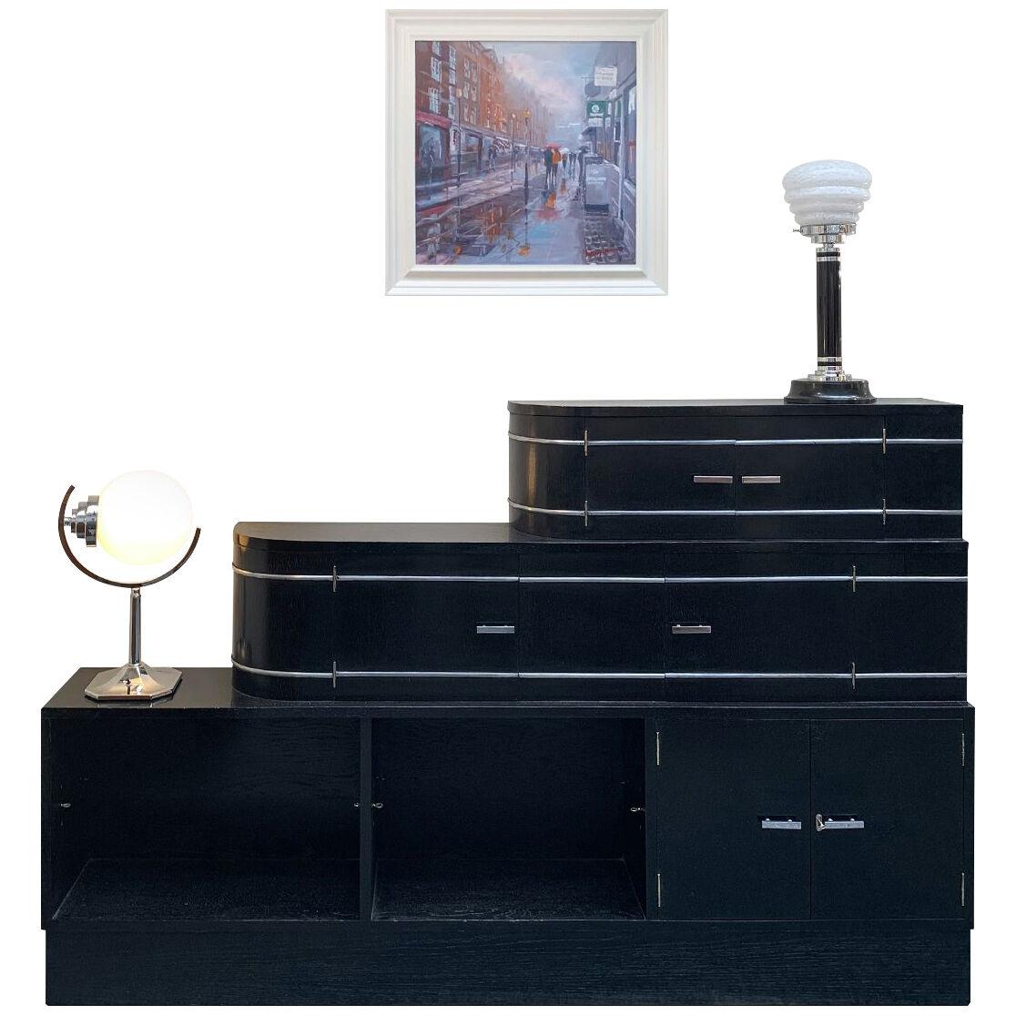 Bowman Brothers Art Deco Bookcase Cabinet in black polished oak