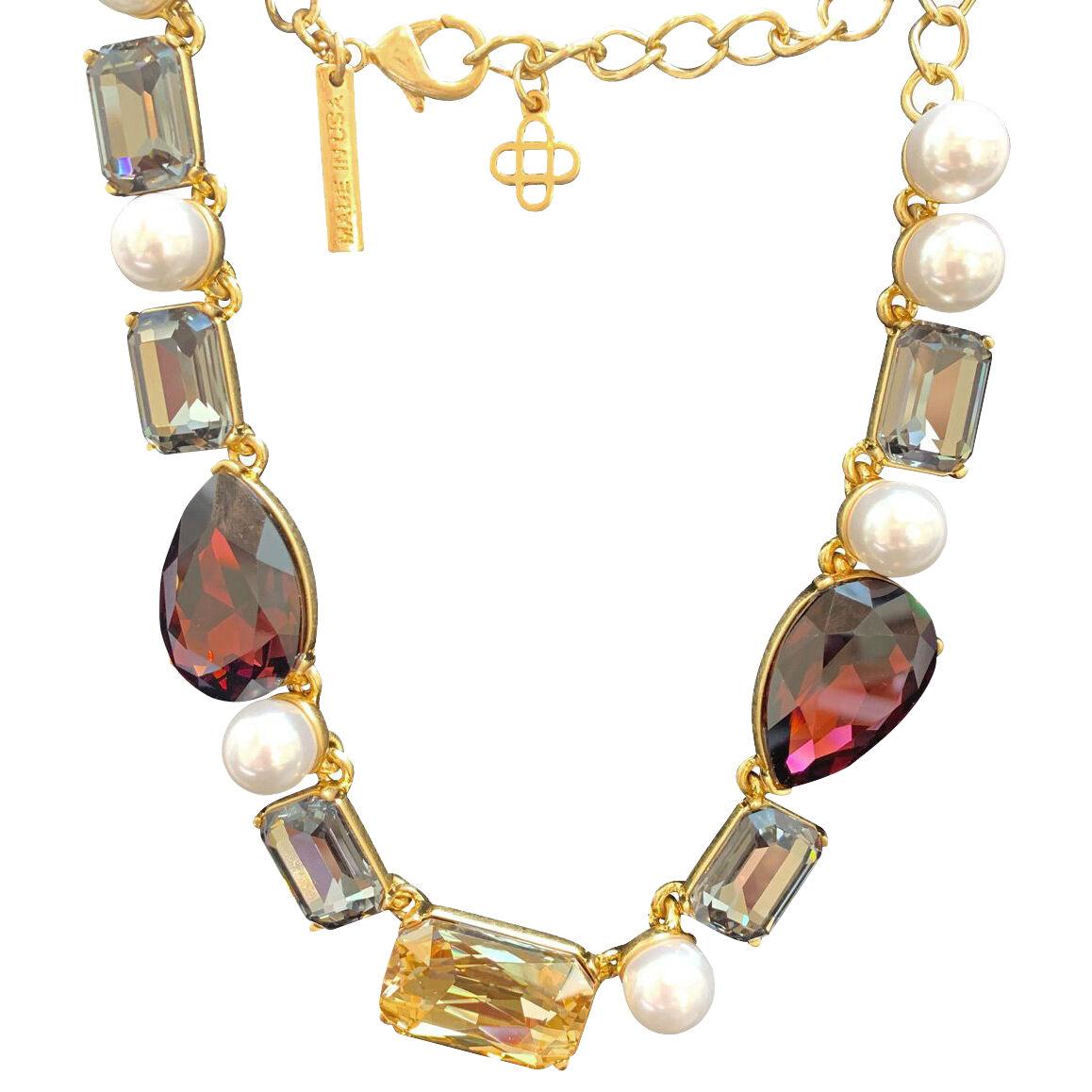 Oscar de la Renta Magenta Citrine Glass Pearls Asymmetric Necklace
