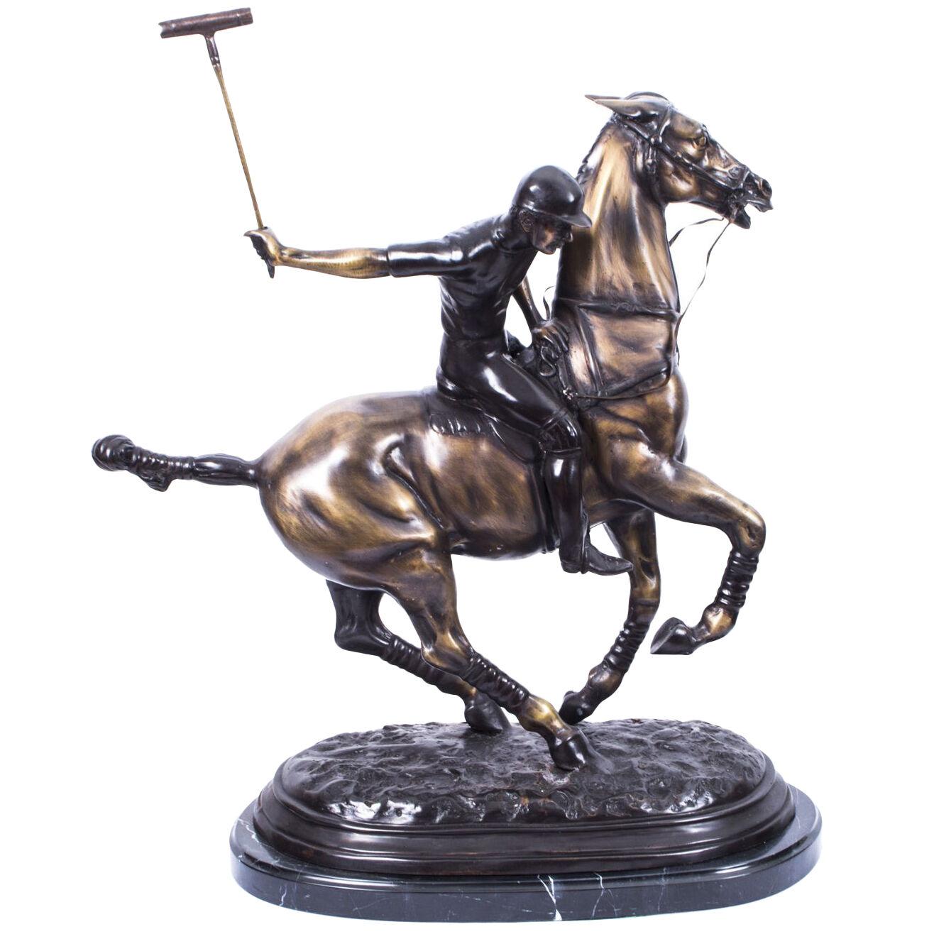 Vintage Bronze Polo Player Galloping Horse Sculpture 20th Century