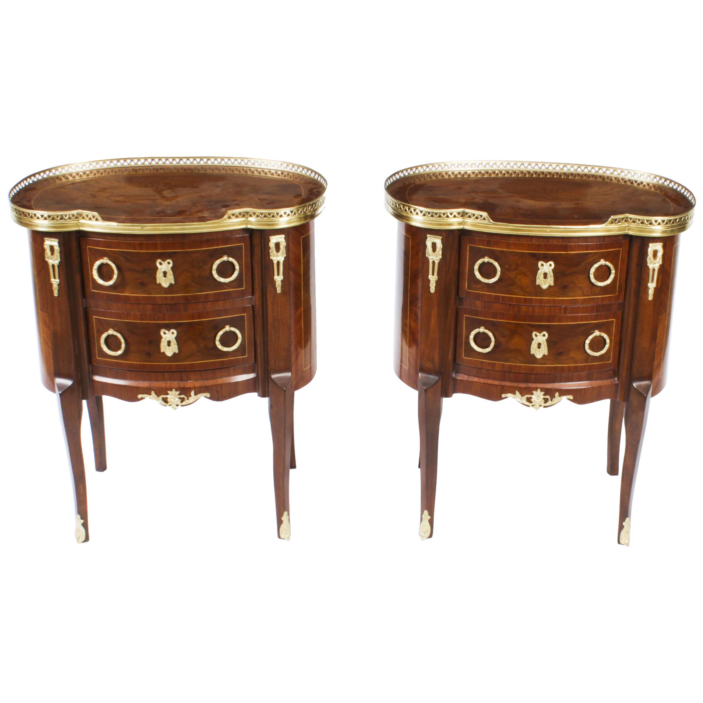 Pair French Louis Revival Walnut Bedside Chests Side Tables Late 20th century