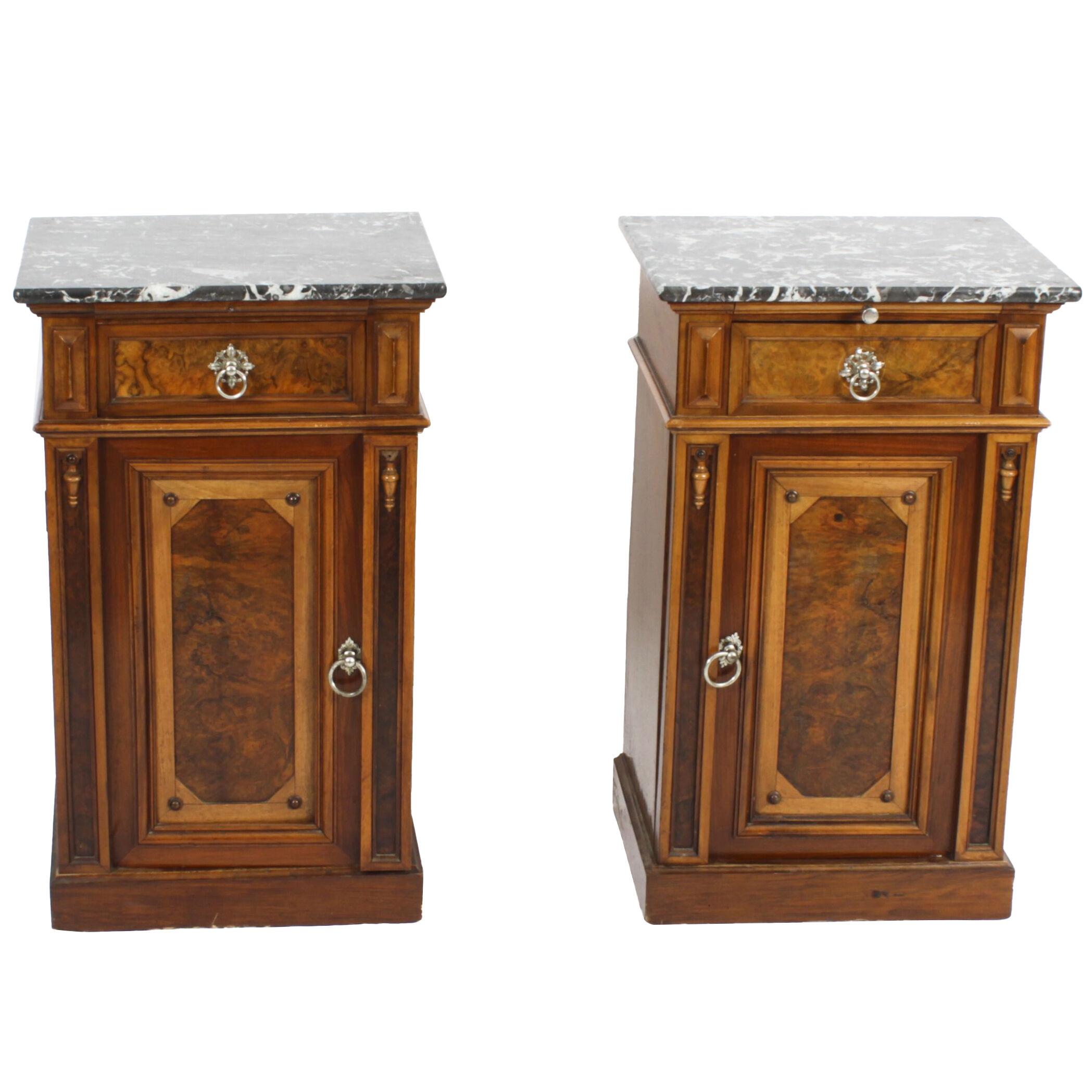Antique Pair French Bedside Cabinets Marble Tops 19thC