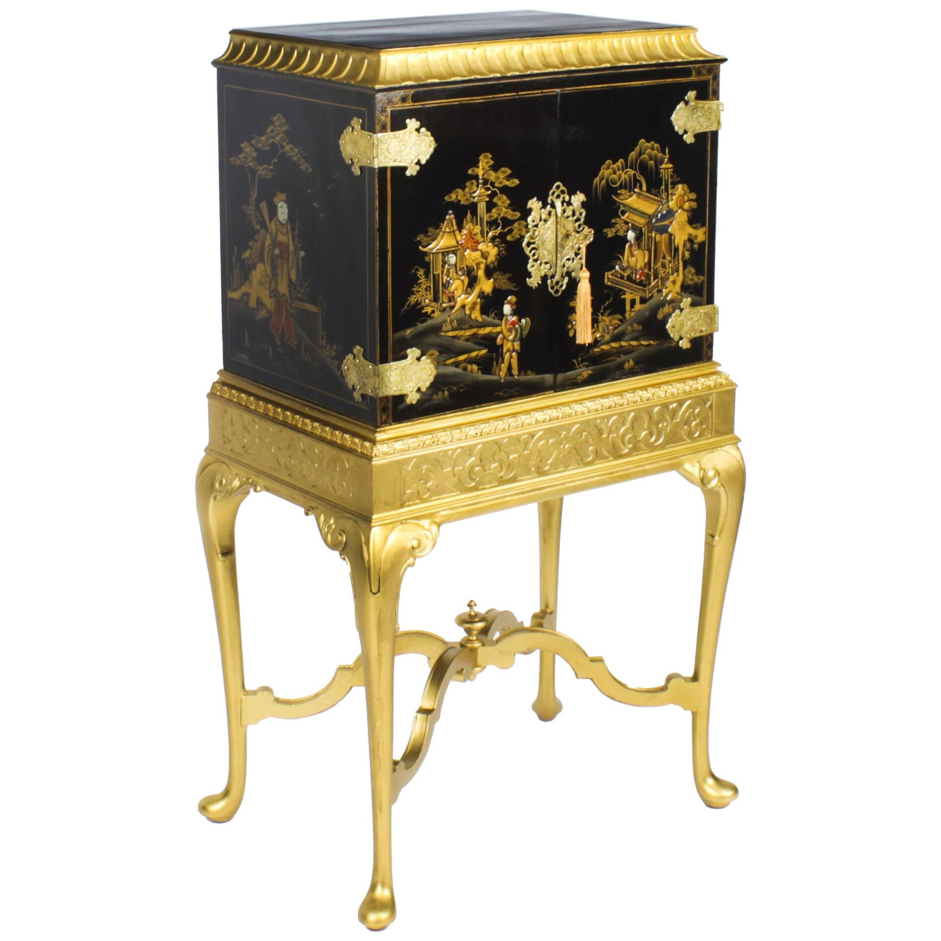 Antique Chinoiserie Lacquer Cabinet on Giltwood Stand Circa 1900