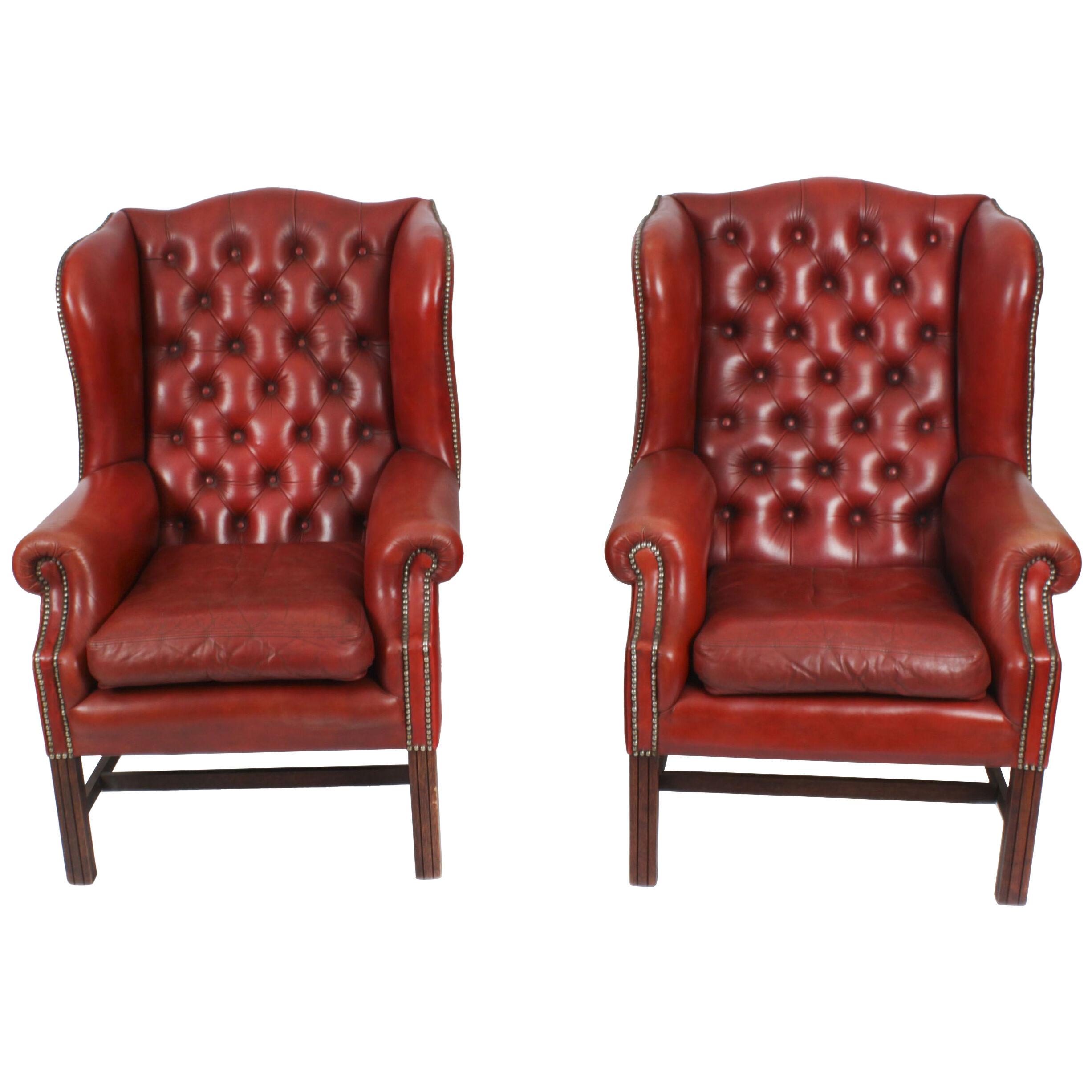 Vintage Pair Red Leather Button Backed Wingback Armchairs 20th Century