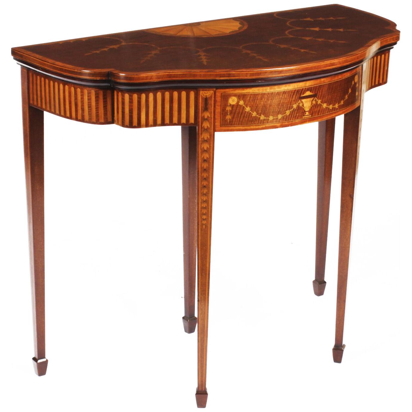 Antique Mahogany and Satinwood Inlaid Serpentine Card Console Table Circa 1880