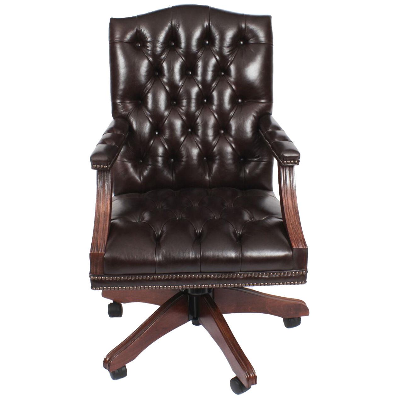 Bespoke English Handmade Gainsborough Leather Desk Chair Smoke Brown