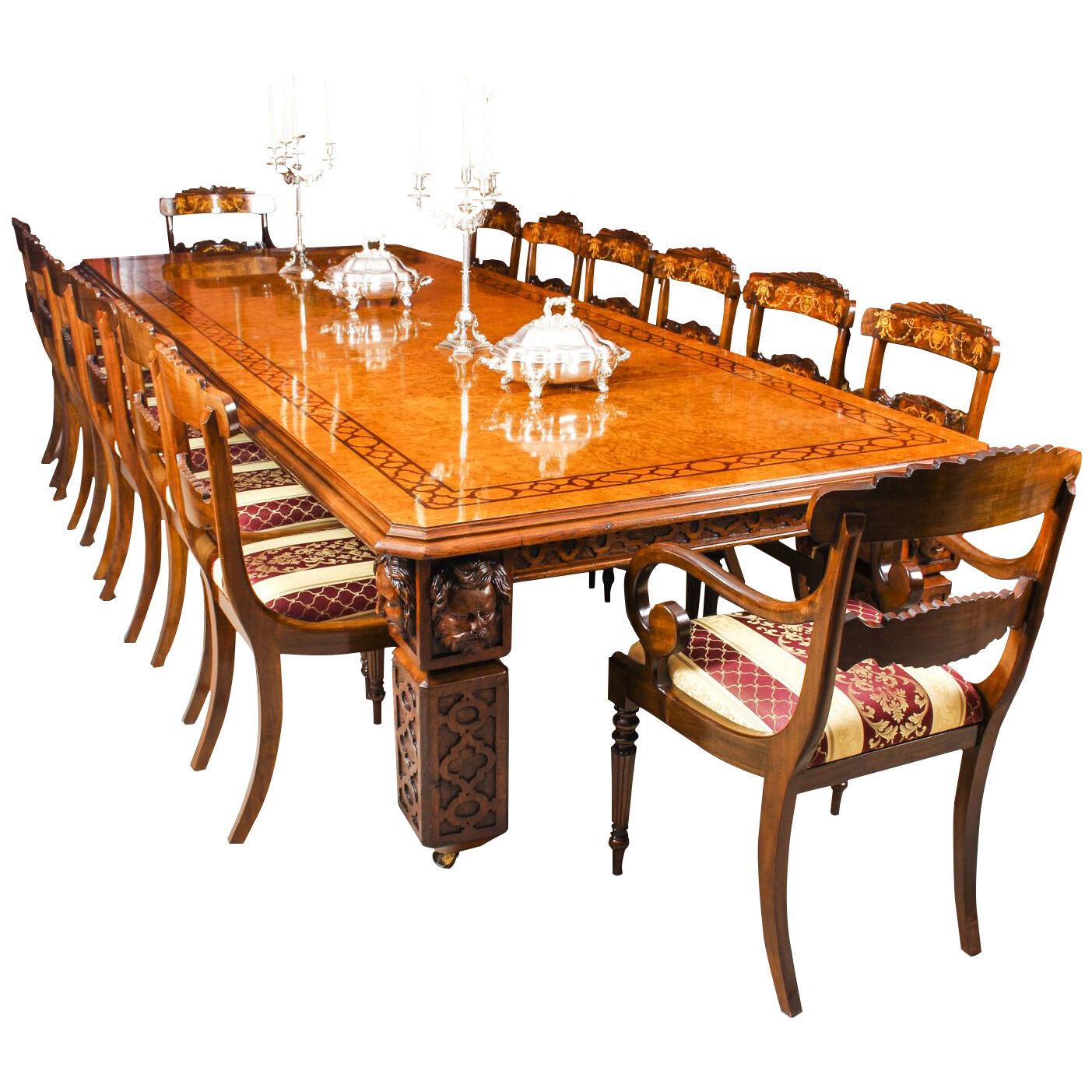 Antique 12ft Elizabethan Revival Pollard Oak Dining Table 19th C and 14 chairs