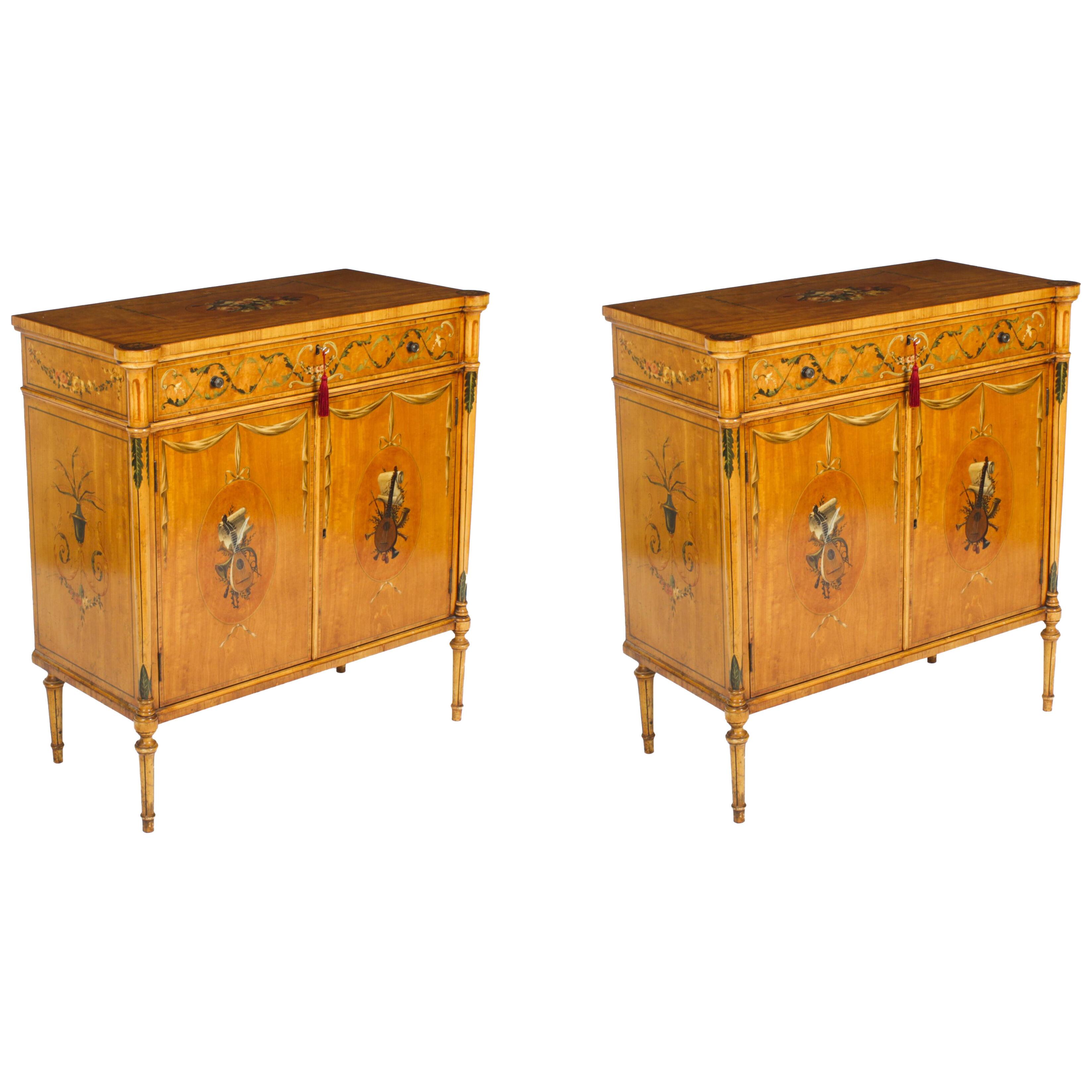 Antique Pair Adam Revival Satinwood Side Cabinets Commodes 19th C