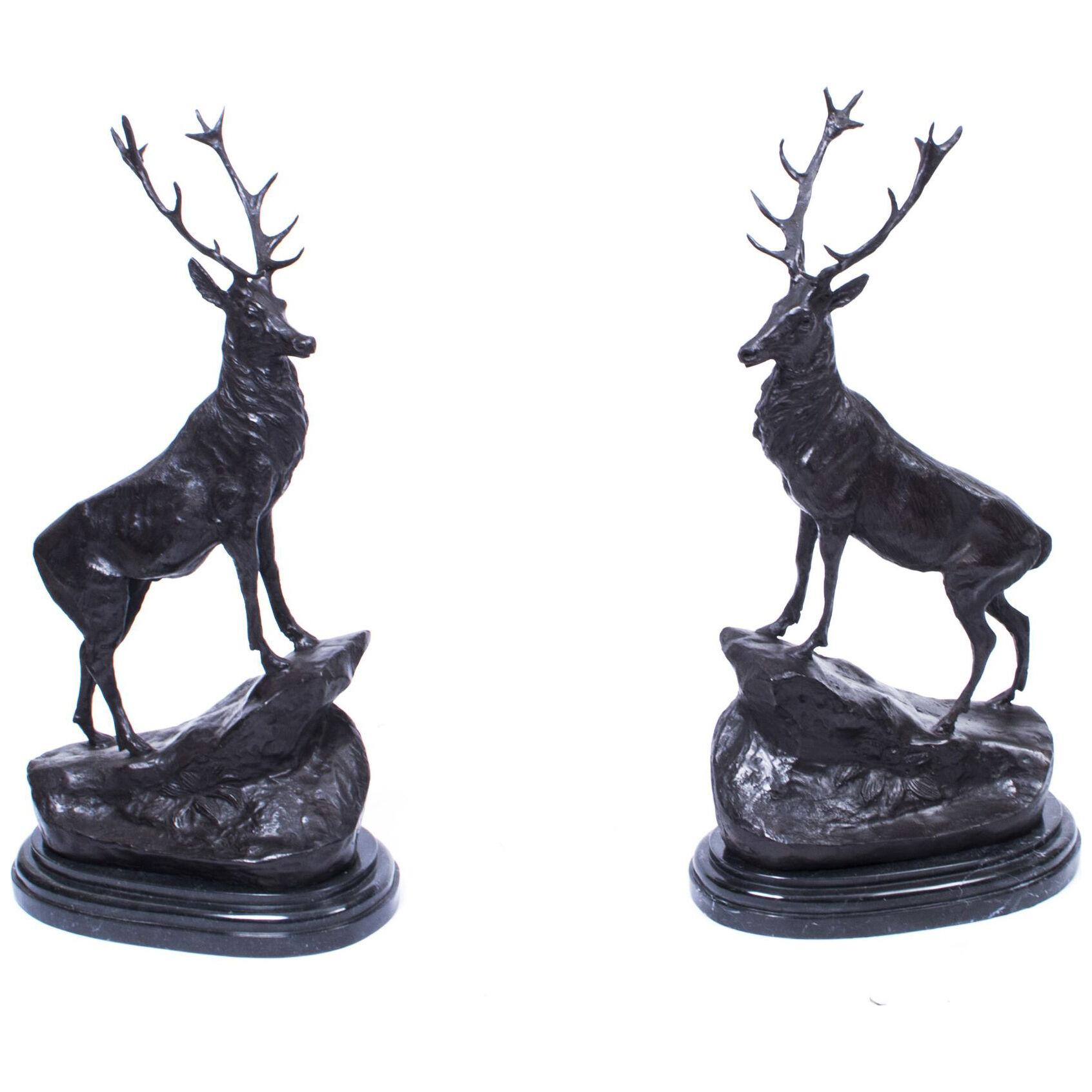 Vintage Pair of Large Bronze Stag Statuettes After Moigniez 20th C