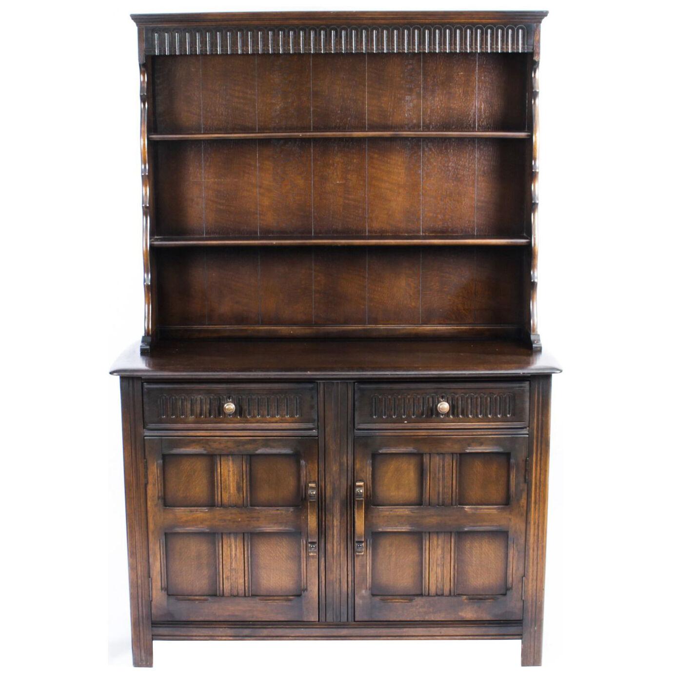 Vintage Jacobean Revival Oak Welsh Dresser Cabinet Sideboard 20th C