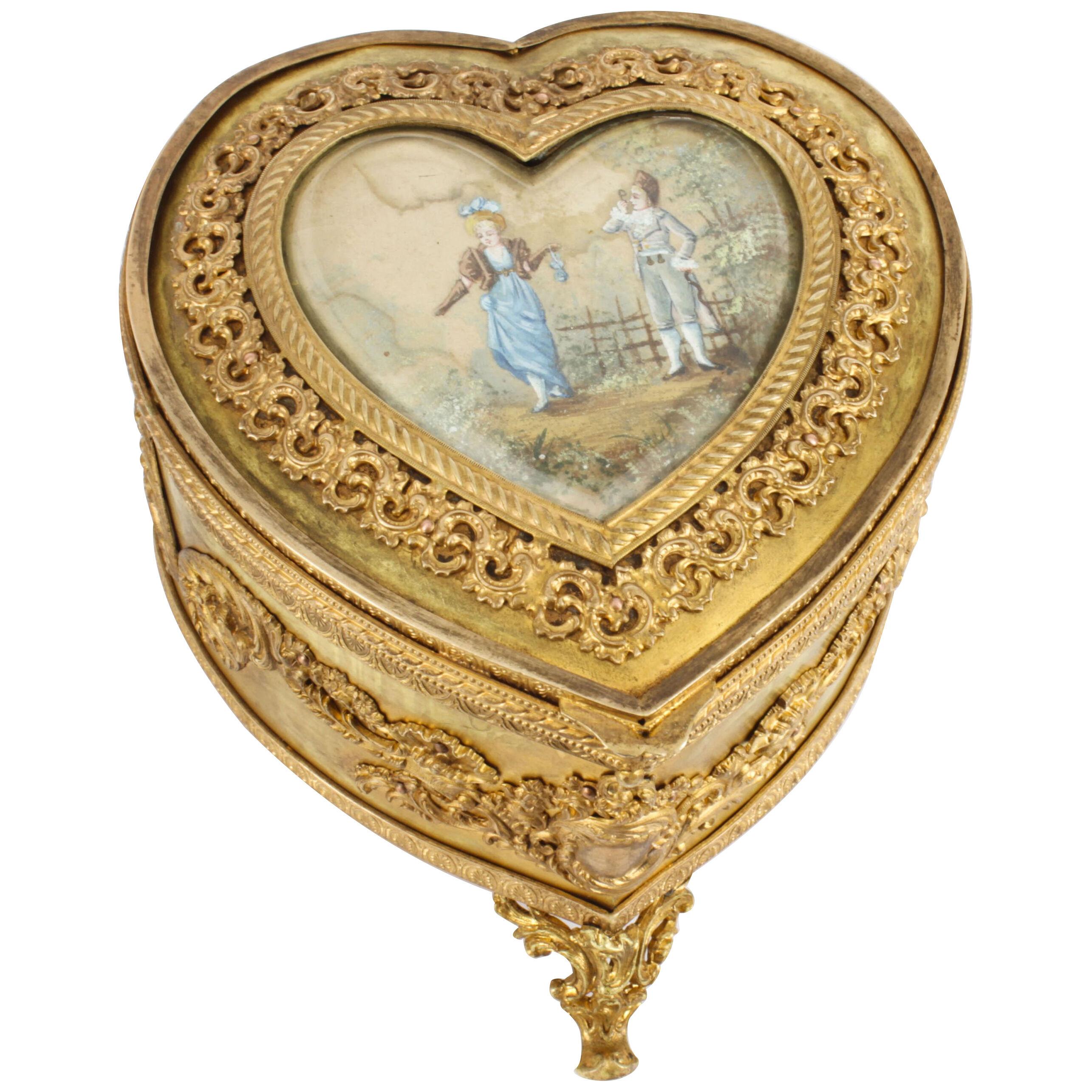 Antique French Ormolu Heart Shaped Jewellery Casket Box 19th C