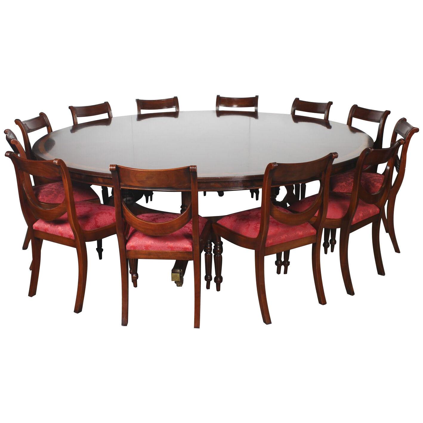 Vintage 8ft Diameter Flame Mahogany Dining Table & 12 Chairs 20th C