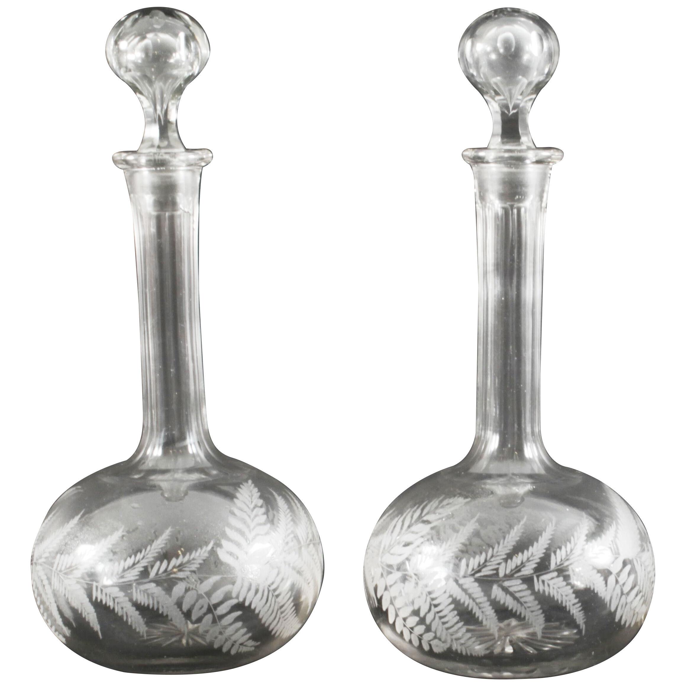 Antique Pair Etched Glass Decanters and Stoppers 19th Century