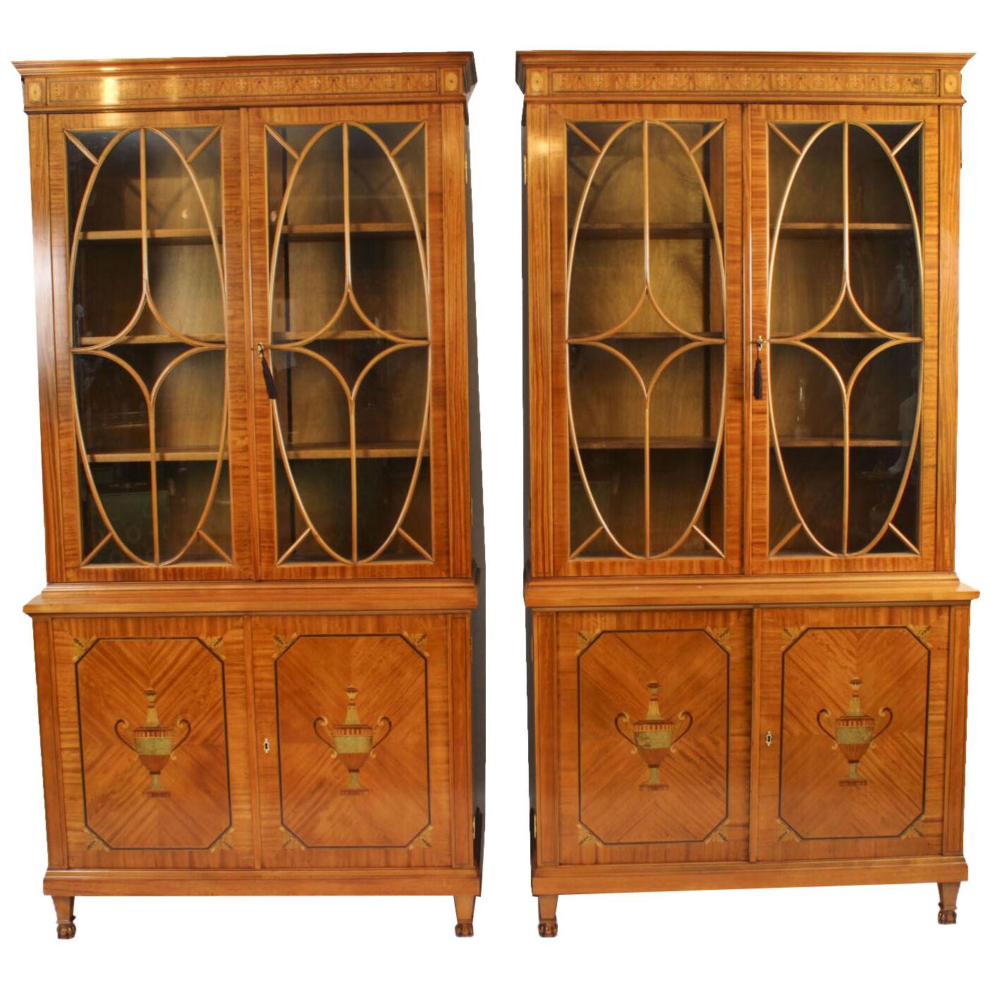 Antique Pair Edwardian Inlaid Satinwood Bookcases by Maple & Co C1900