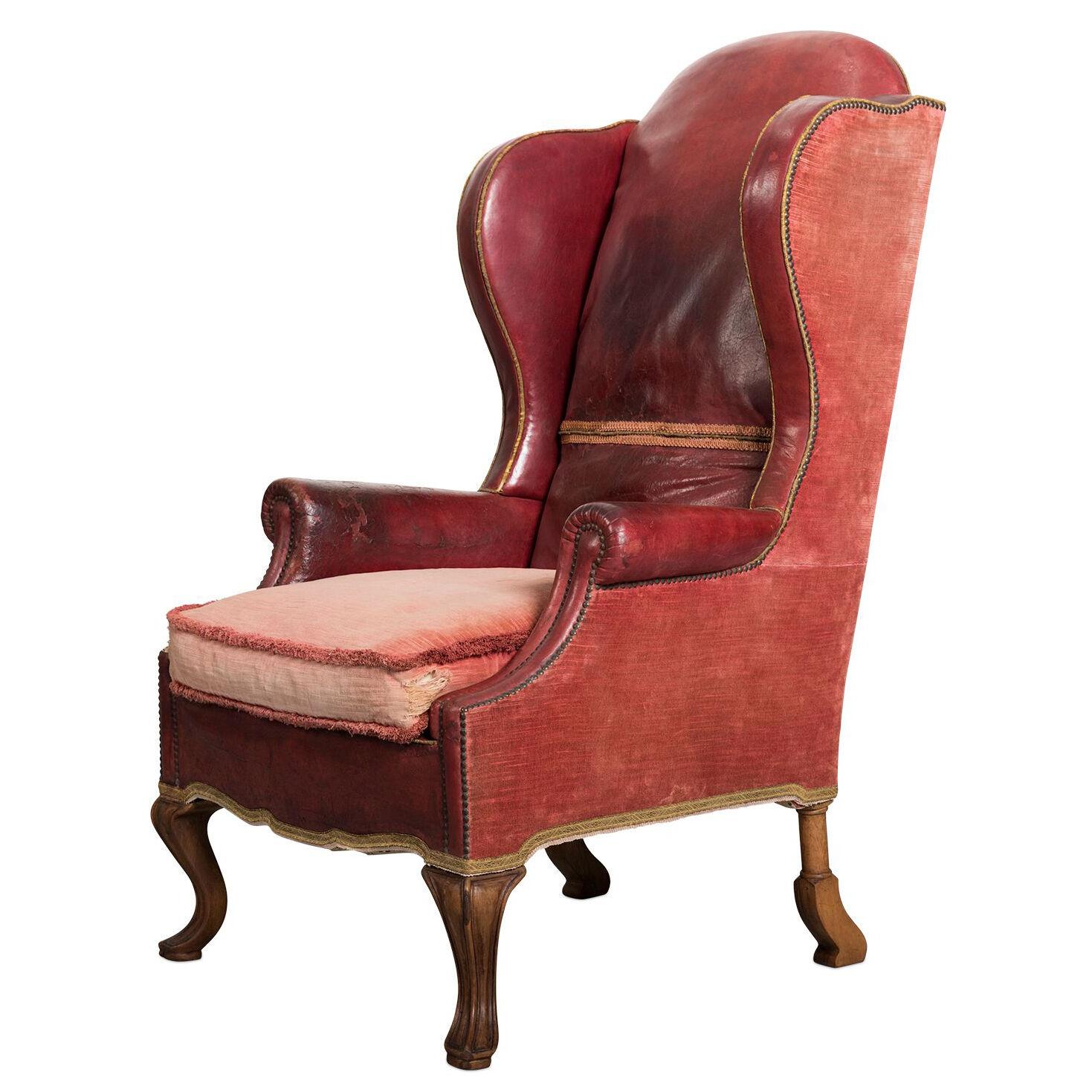 XIXth Century Leather and Velvet Armchair with Headrest 