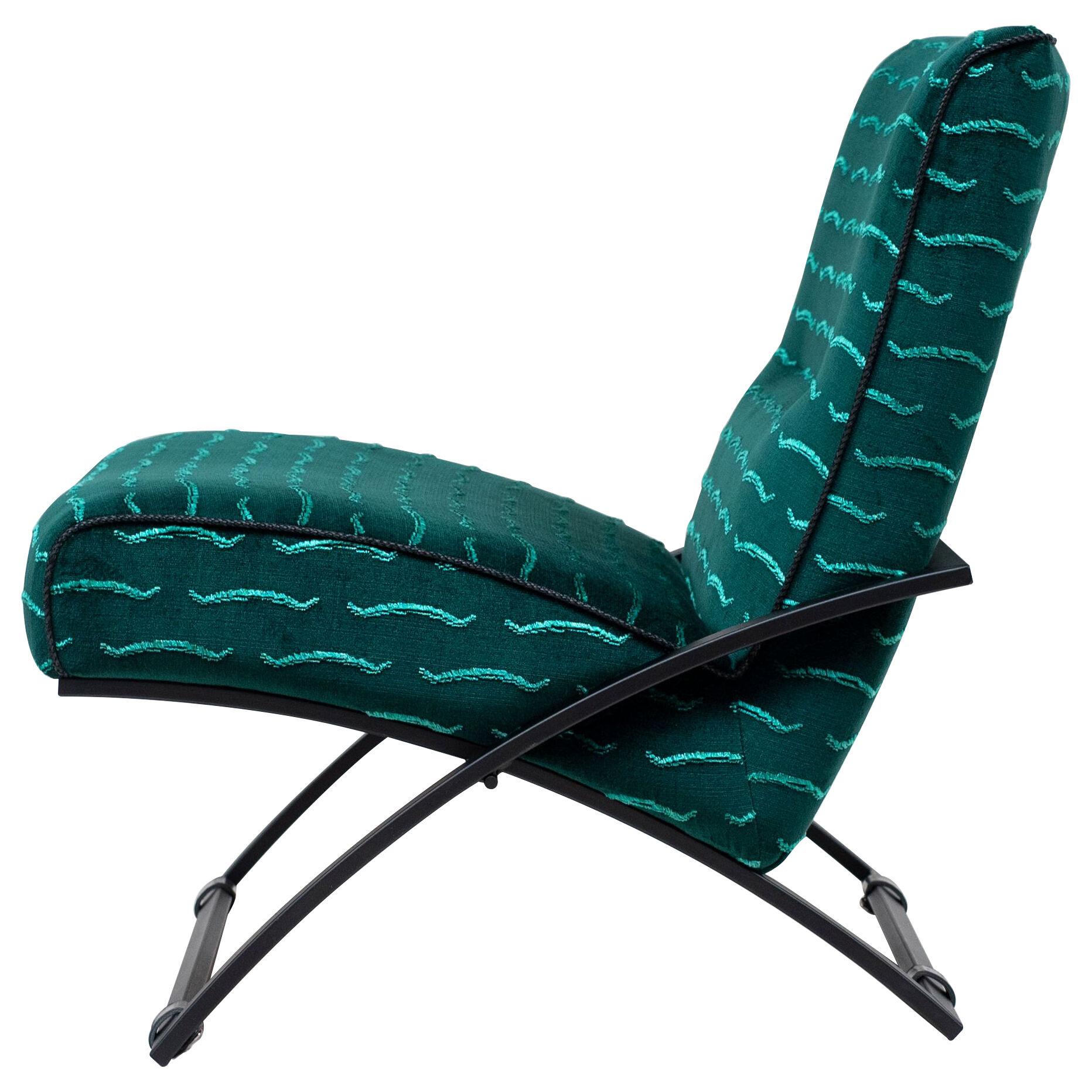 Mid Century Modern Lounge Chair Black Metal Frame Green Upholster 