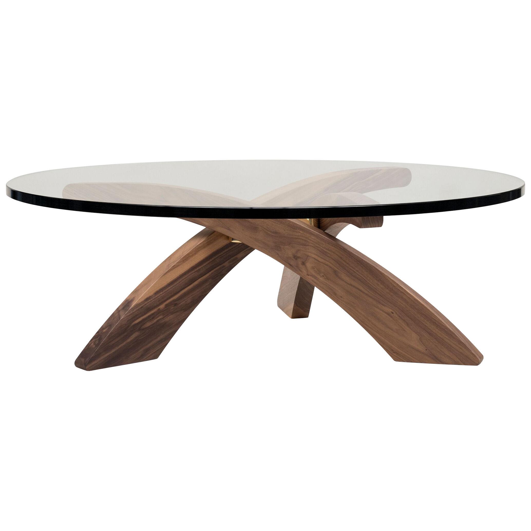 Mid-Century Modern Walnut, Glass, Brass round Center Table