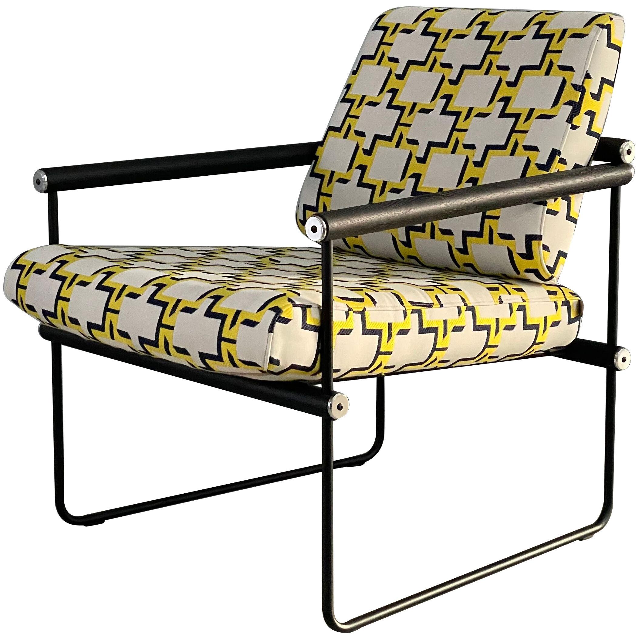 Modern minimalist lounge chair black frame oak metal yellow with upholster